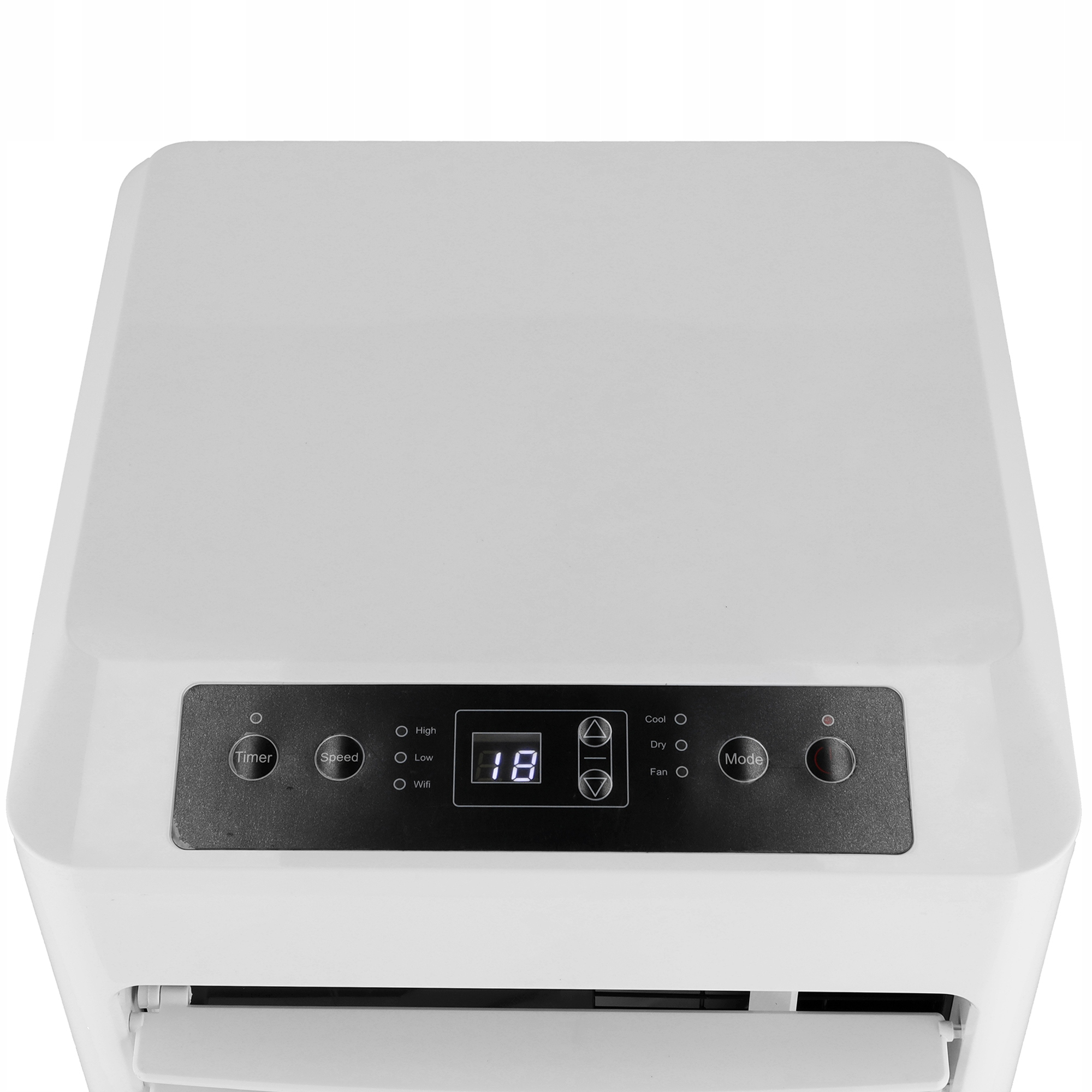 Widok z góry na białą chłodziarkę powietrza. Posiada panel sterowania z przyciskami i wyświetlacz cyfrowy z napisem '18'.