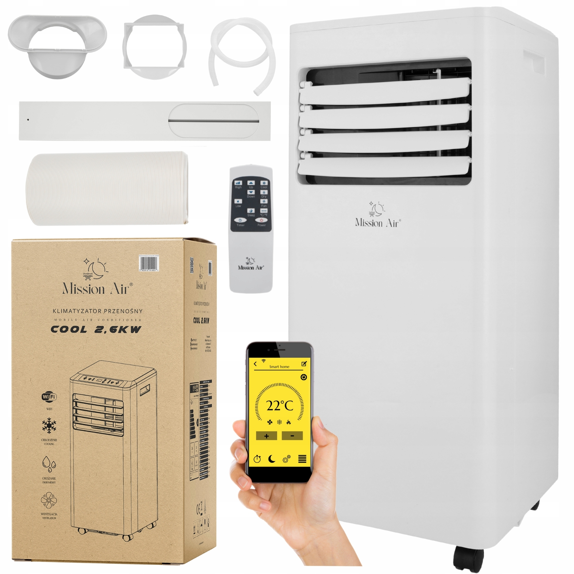 Biały przenośny klimatyzator z akcesoriami, pudełkiem i telefonem pokazującym 22°C.
