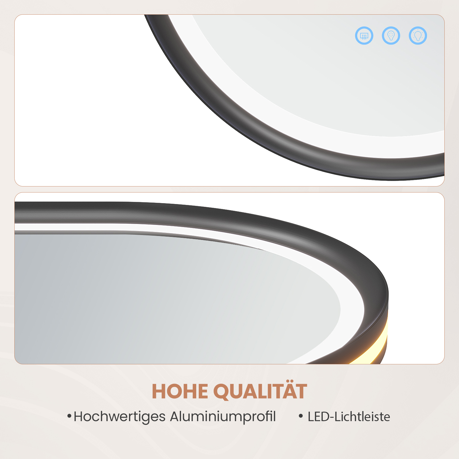 Nahaufnahme einer modernen schwarzen Deckenleuchte mit weißem Innenkreis. Text: Hohe Qualität und Eigenschaften.