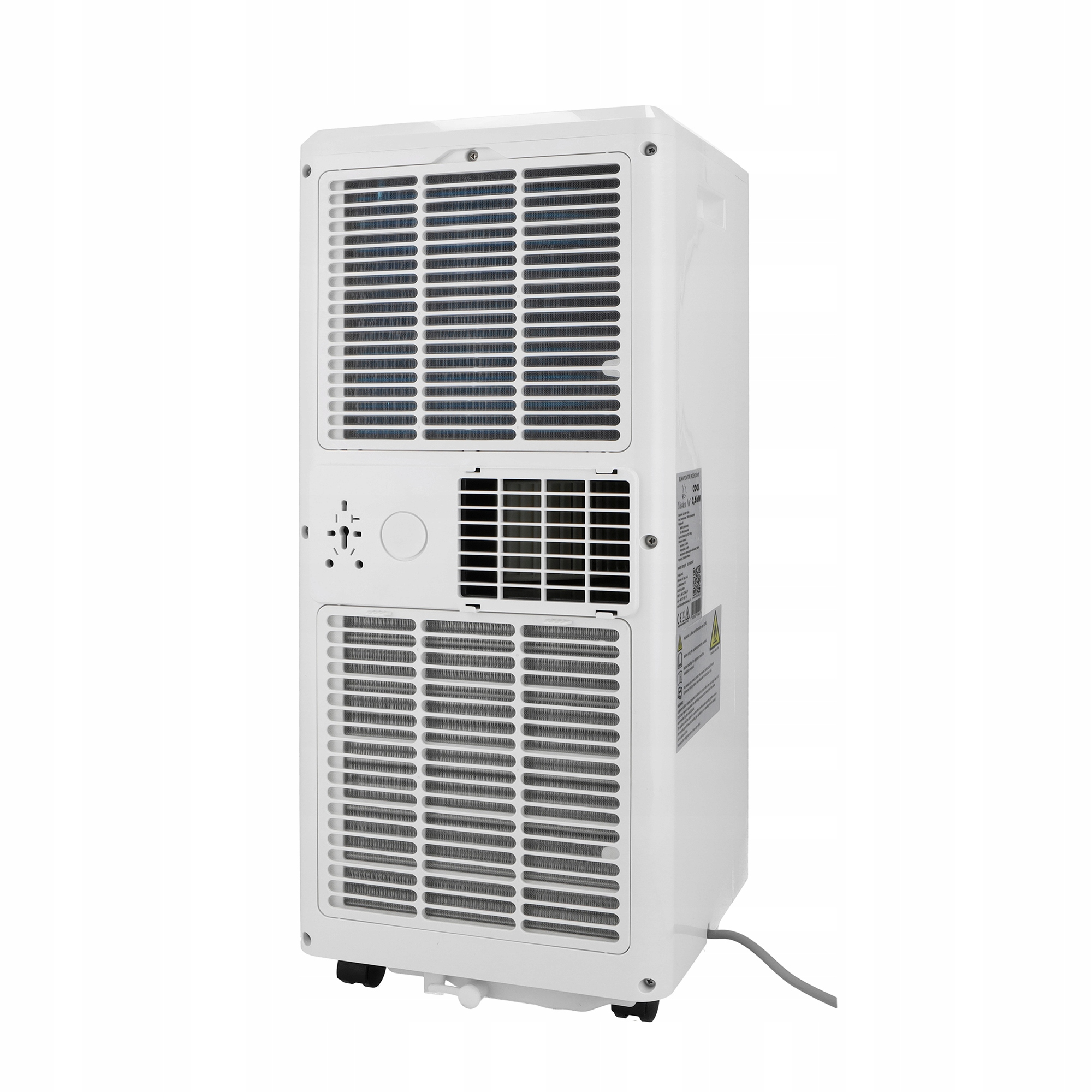 Biały przenośny klimatyzator na białym tle. Ma otwory wentylacyjne, elementy sterujące i przewód zasilający.