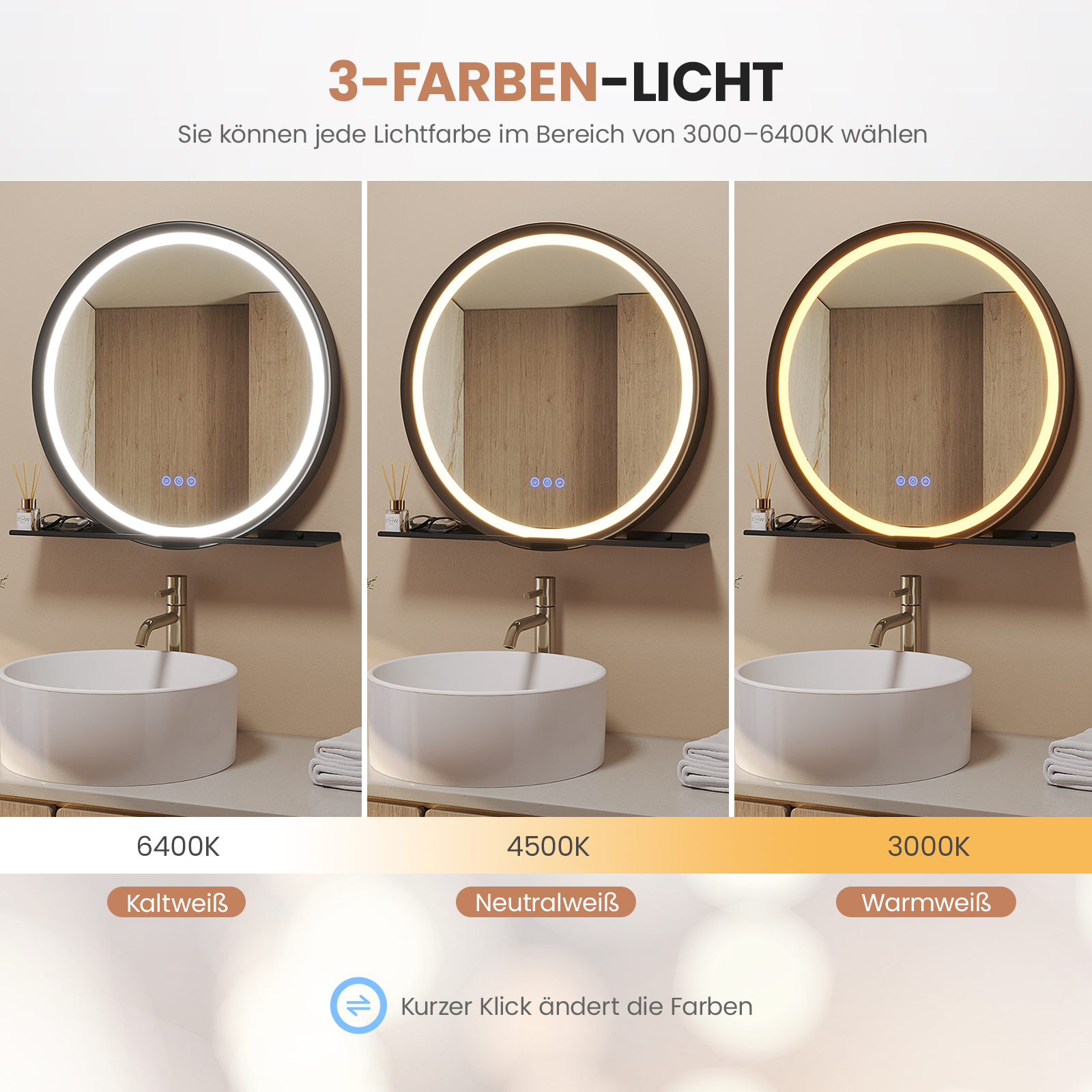Drei beleuchtete runde Spiegel mit unterschiedlichen Lichttemperaturen über weißen Waschbecken. Text erklärt die Farboptionen.