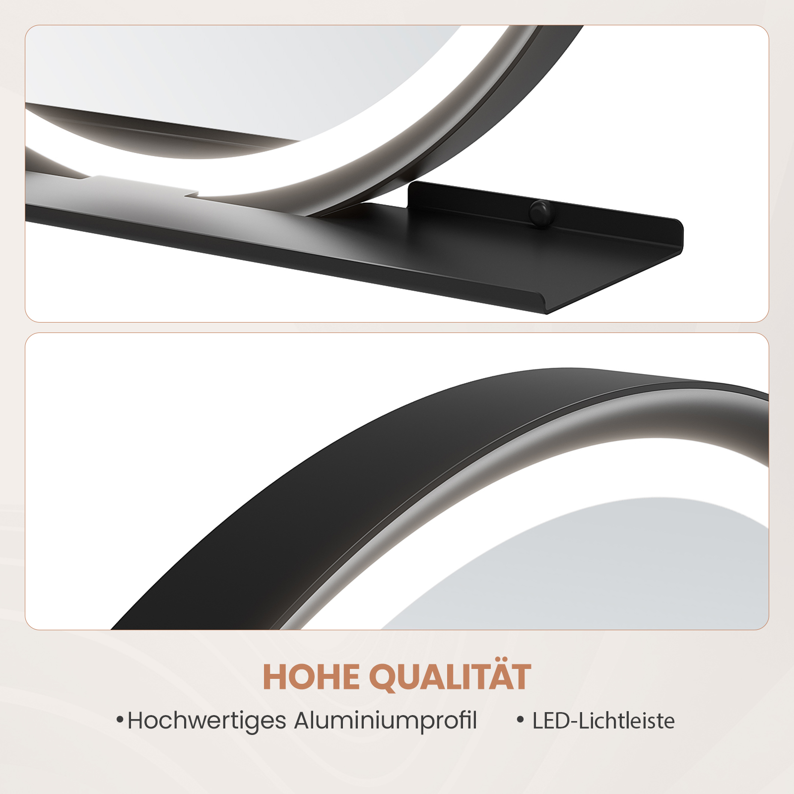 Nahaufnahme einer modernen schwarzen Lampe mit geschwungenem Design, LED-Beleuchtung und schwarzem Fuß.