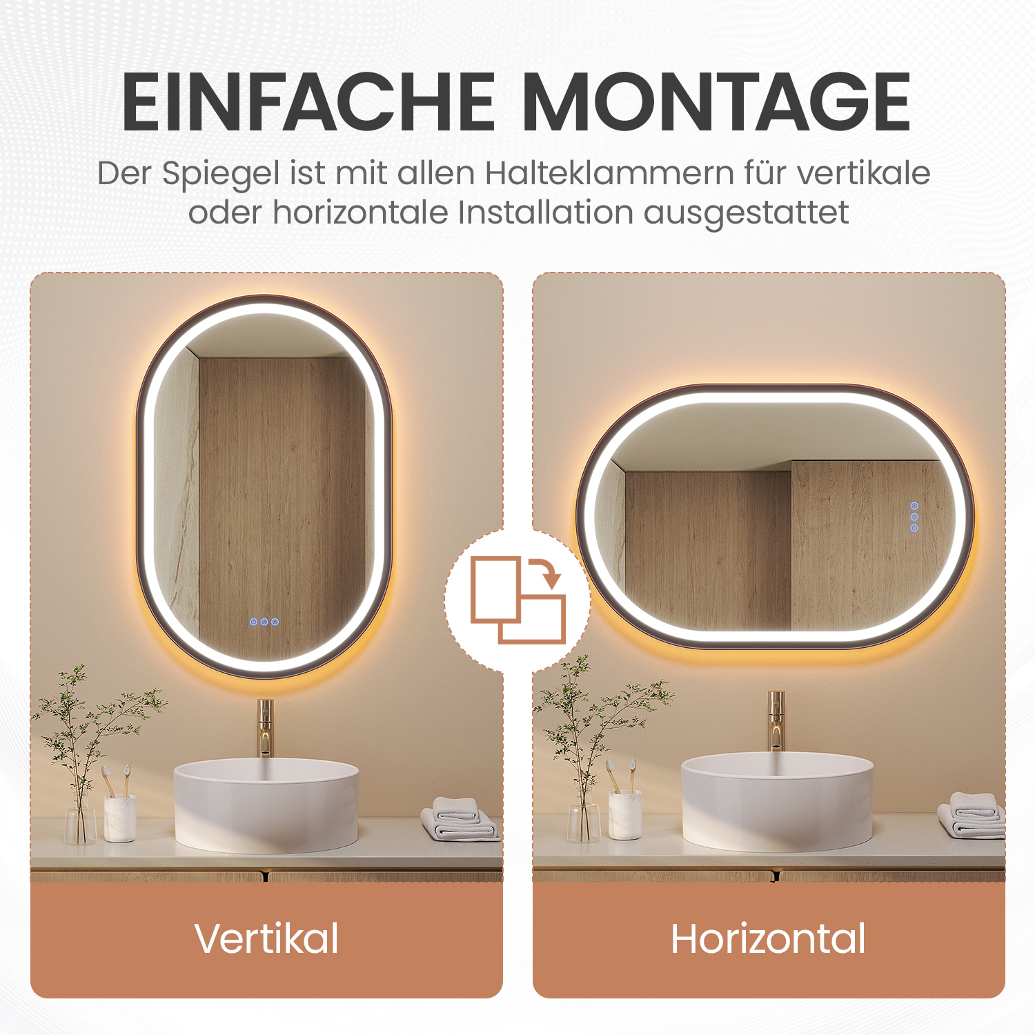 Das Bild zeigt zwei beleuchtete Spiegel, einen vertikalen und einen horizontalen, über Waschbecken. Text weist auf einfache Installation hin.