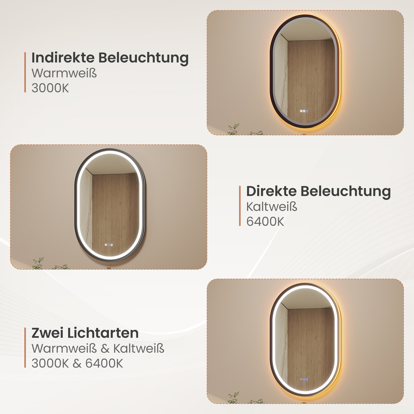 Drei beleuchtete ovale Spiegel. Jeder zeigt warme oder kalte Lichtoptionen. Hintergrund ist beige mit Text.