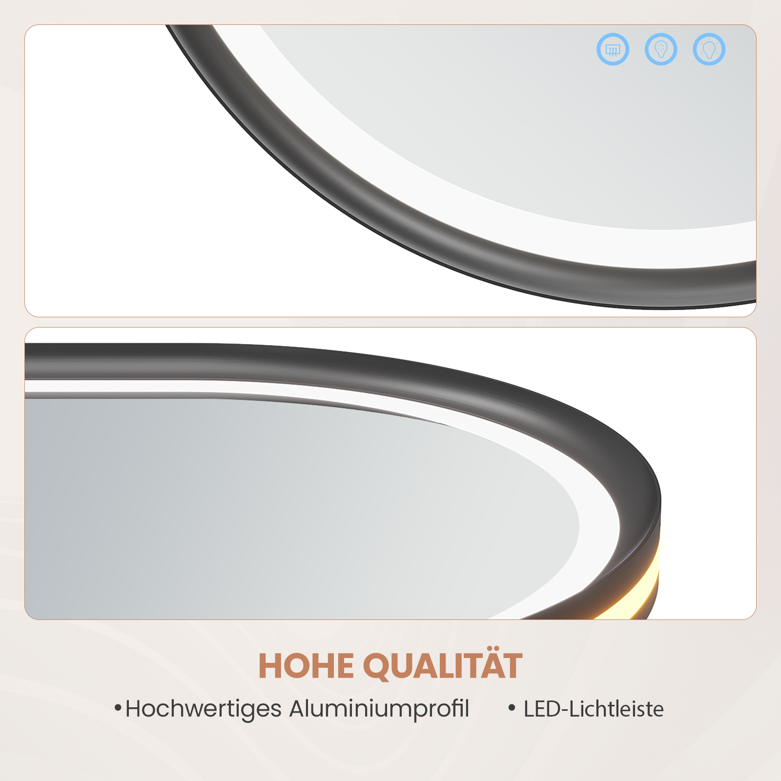 Nahaufnahme einer modernen Leuchte. Sie hat einen dunklen Rahmen mit einem weißen, beleuchteten Innenring. Text lautet 'Hohe Qualität'.