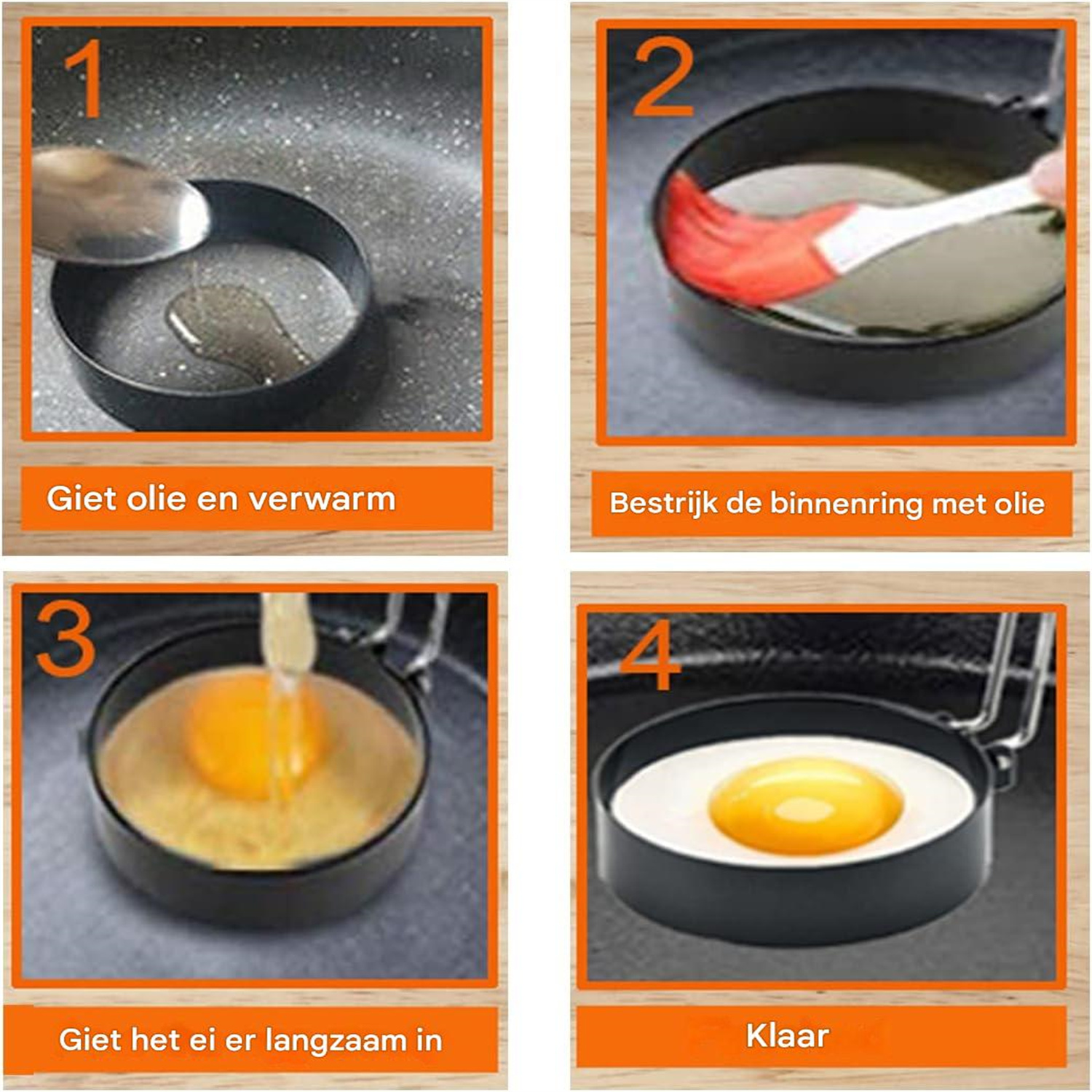 Schritte zum Kochen eines Eis. 1: Öl gießen. 2: Ring mit Öl bestreichen. 3: Ei langsam gießen. 4: Gekochtes Ei im Ring.