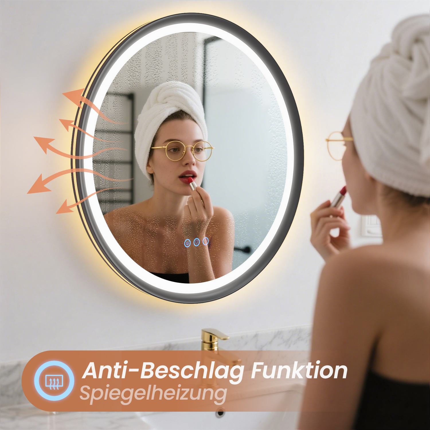 Frau im Badezimmer, trägt Lippenstift vor einem runden Spiegel auf, Dampfeffekt.