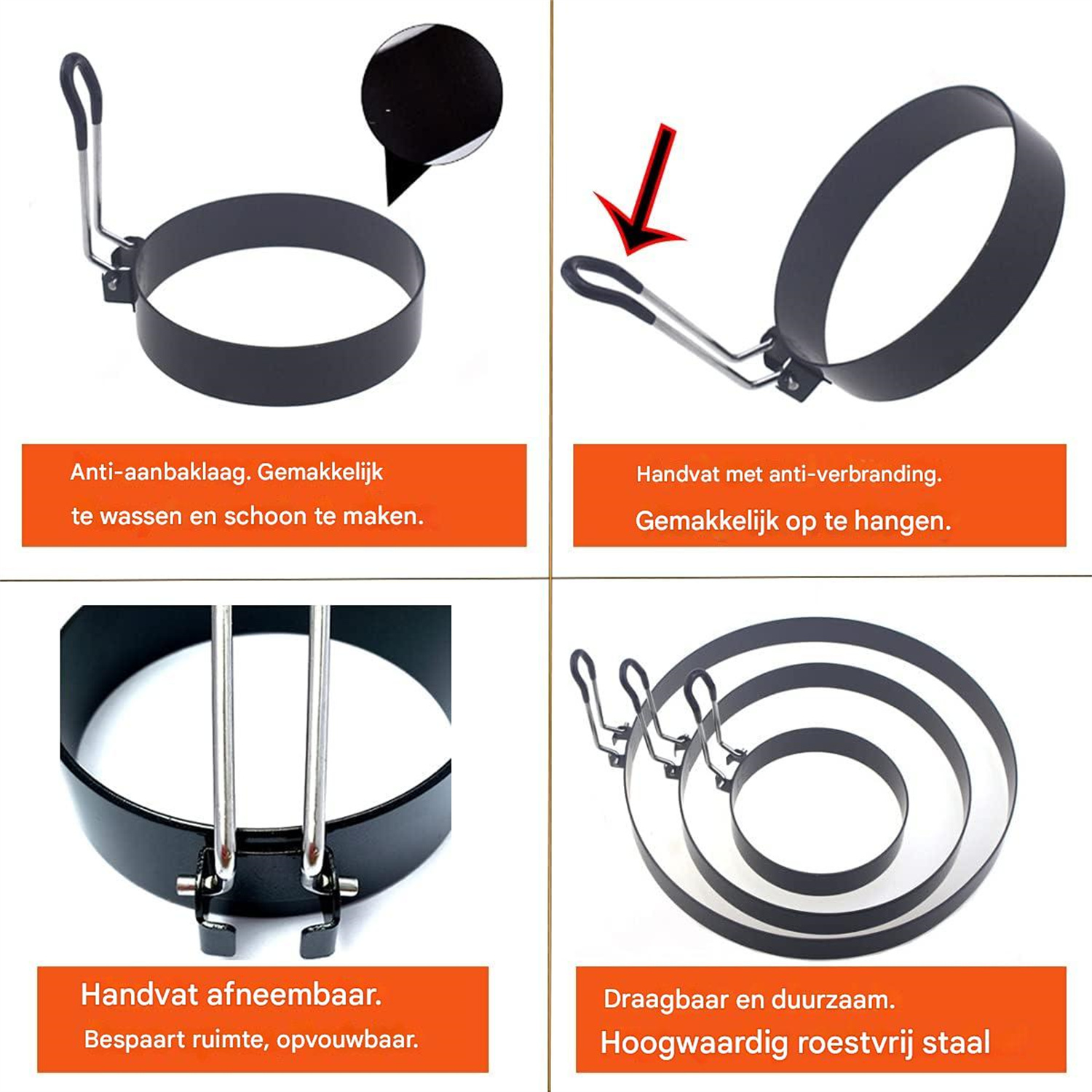 Das Bild zeigt einen schwarzen Eierring mit Griff. Der Griff ist aus Metall. Der Ring ist rund und hat eine Antihaftbeschichtung.