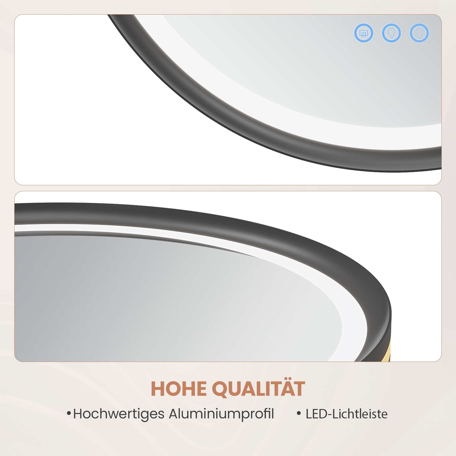 Nahaufnahme einer modernen Lampe mit schwarzem Rand und weißem Innenraum. Oben befinden sich Symbole. Der Text lautet 'Hohe Qualität'.