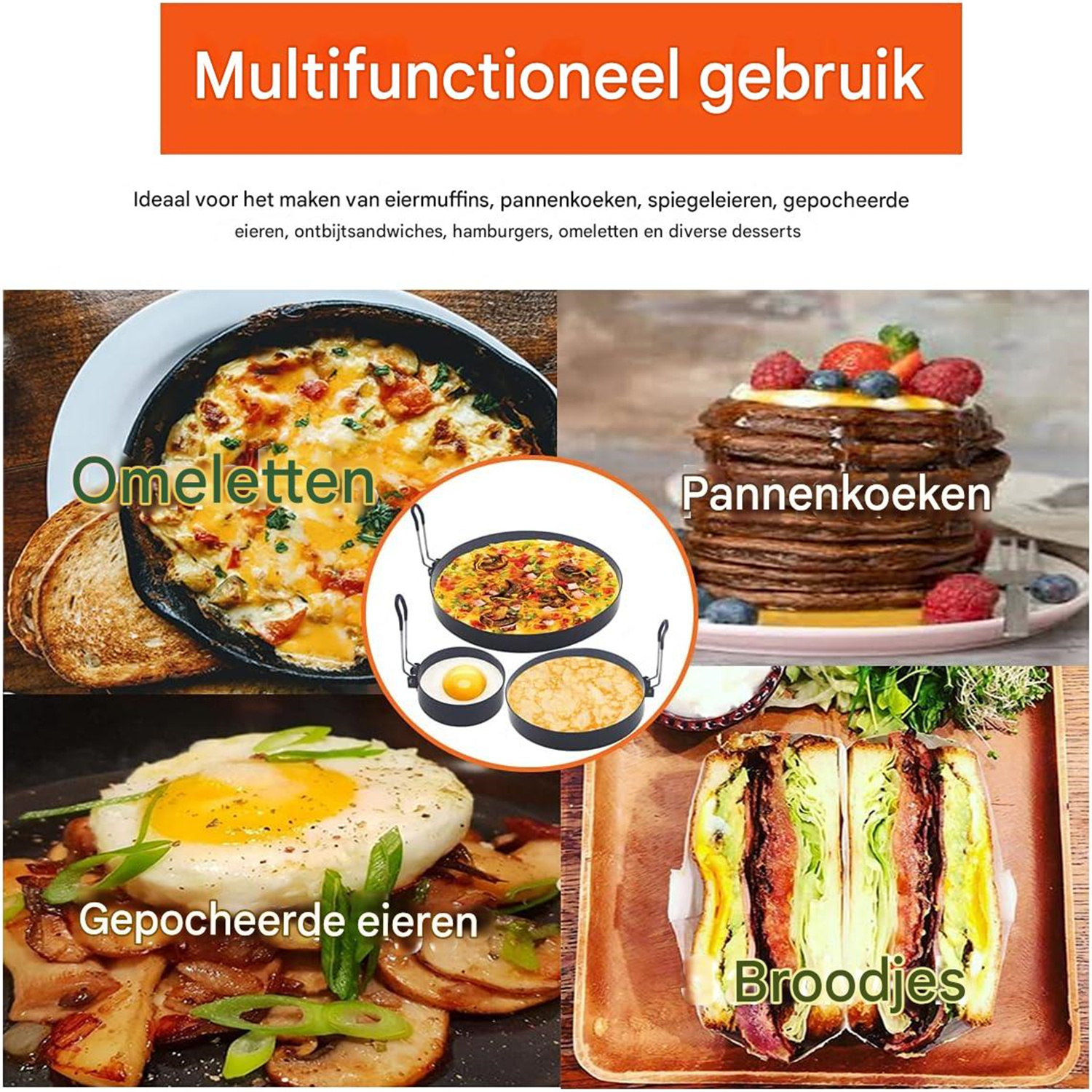 Das Bild zeigt verschiedene Gerichte: Omeletts, Pfannkuchen mit Beeren, pochierte Eier mit Pilzen und Sandwiches auf einem Holztablett.