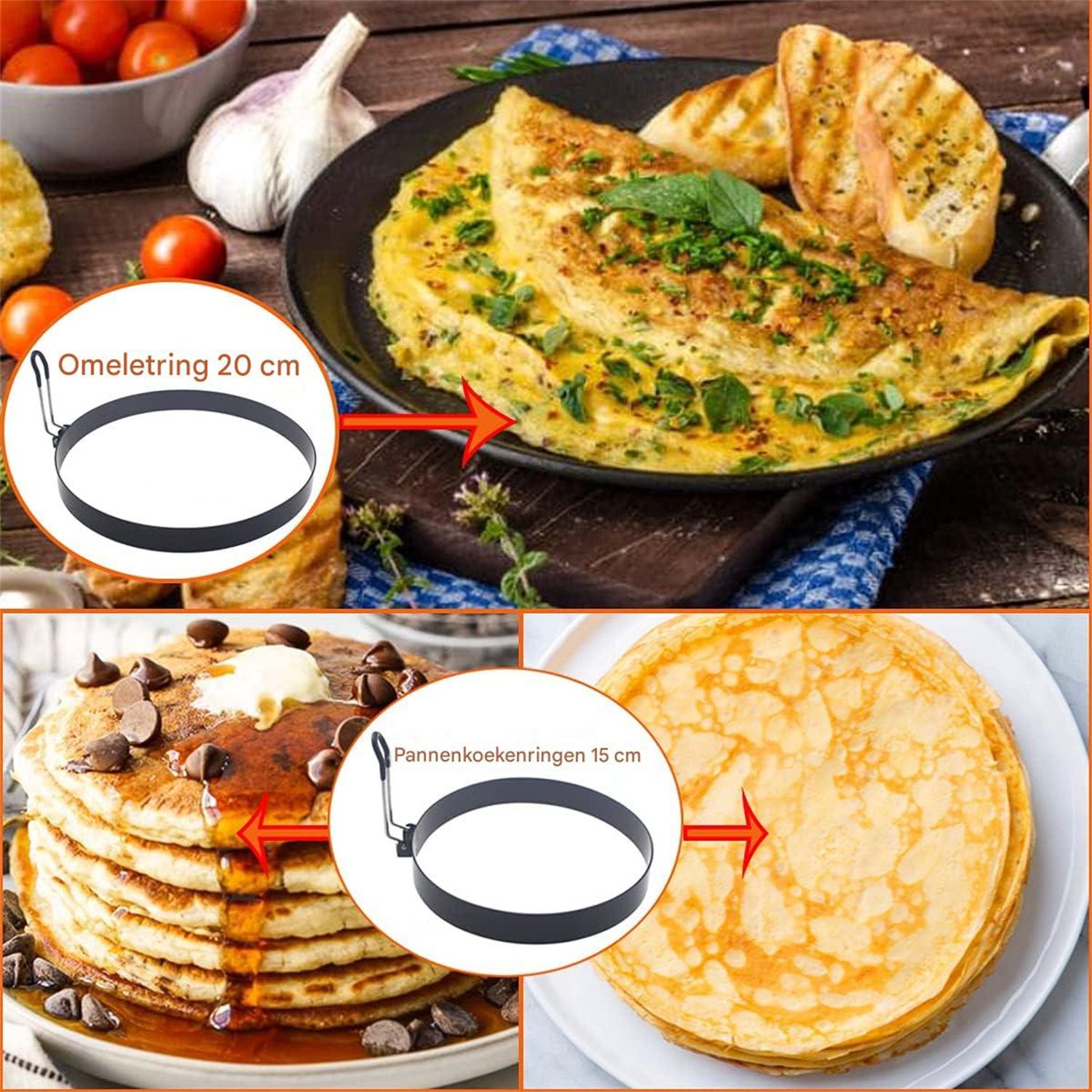 Das Bild zeigt Omelett, Pfannkuchen und Crêpes mit Kochringen. Zutaten sind ebenfalls vorhanden.