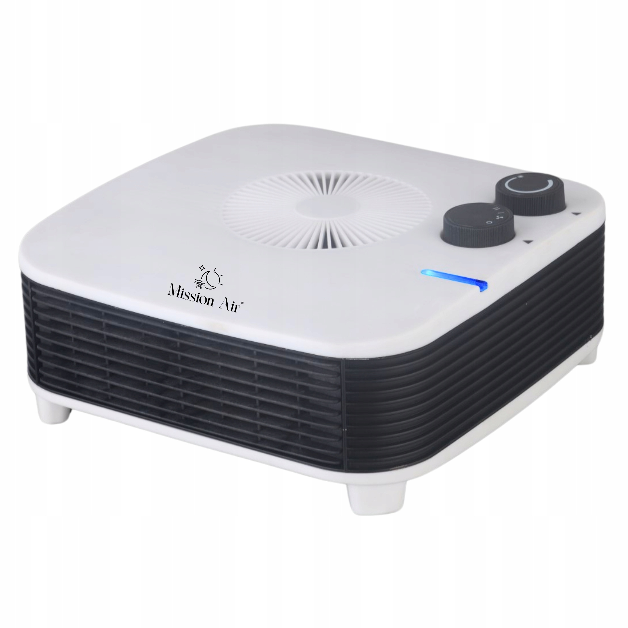 Biały oczyszczacz powietrza z czarnymi otworami wentylacyjnymi i dwoma czarnymi pokrętłami. Logo Mission Air z przodu.