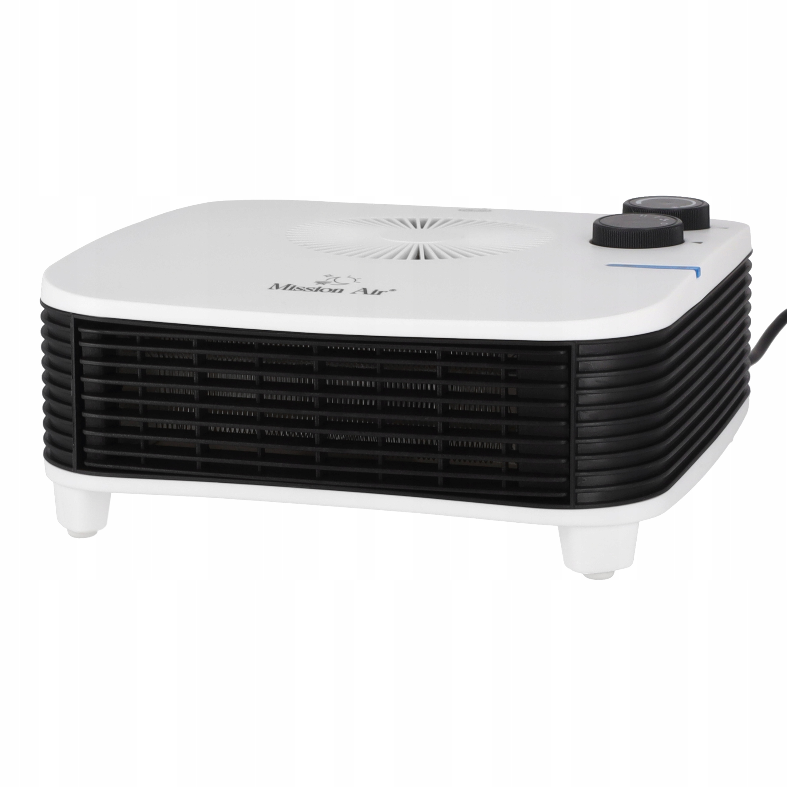 Biały elektryczny grzejnik z czarnymi otworami wentylacyjnymi i dwoma pokrętłami.