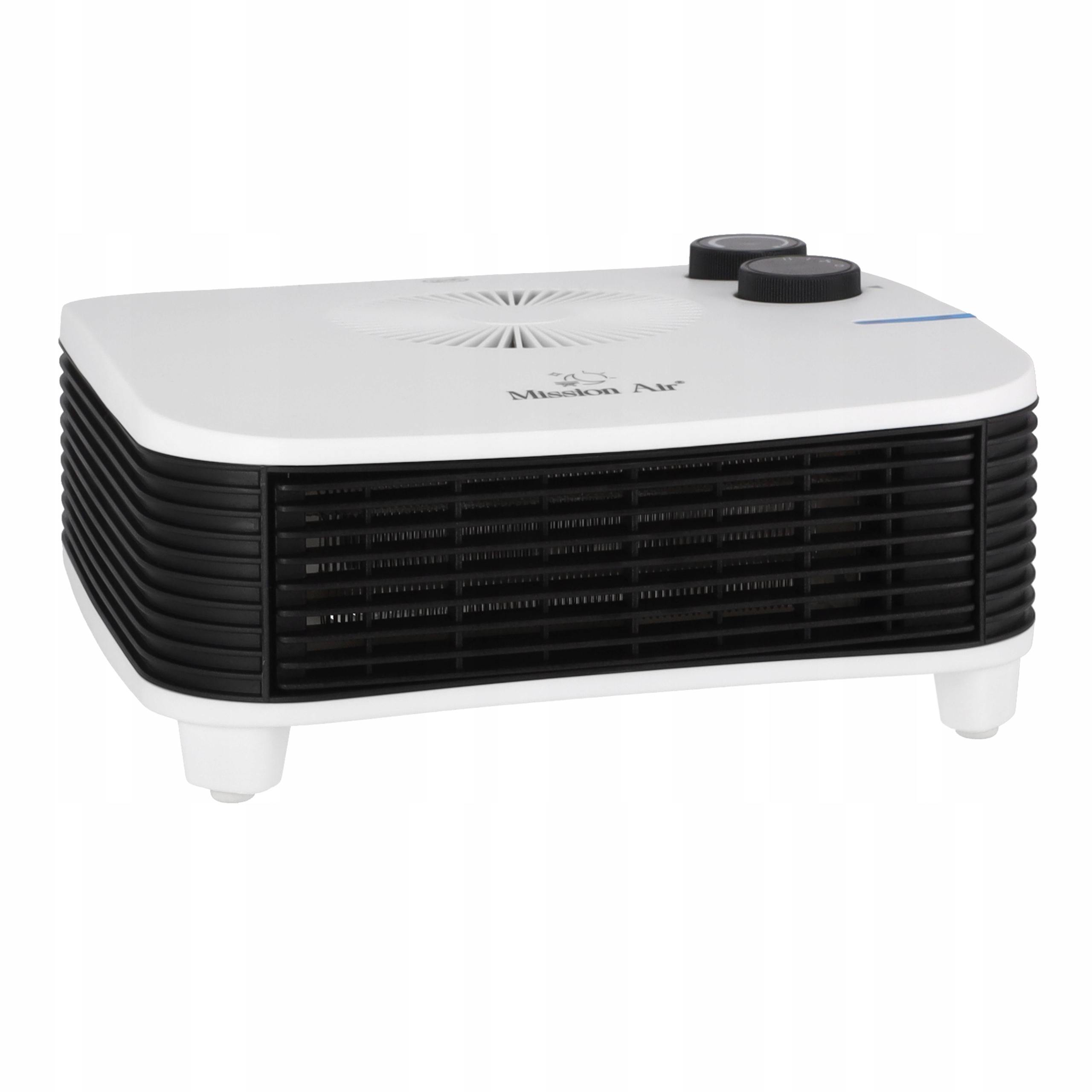 Biało-czarny elektryczny grzejnik z dwoma pokrętłami i wentylatorem. Posiada logo Mission Air.