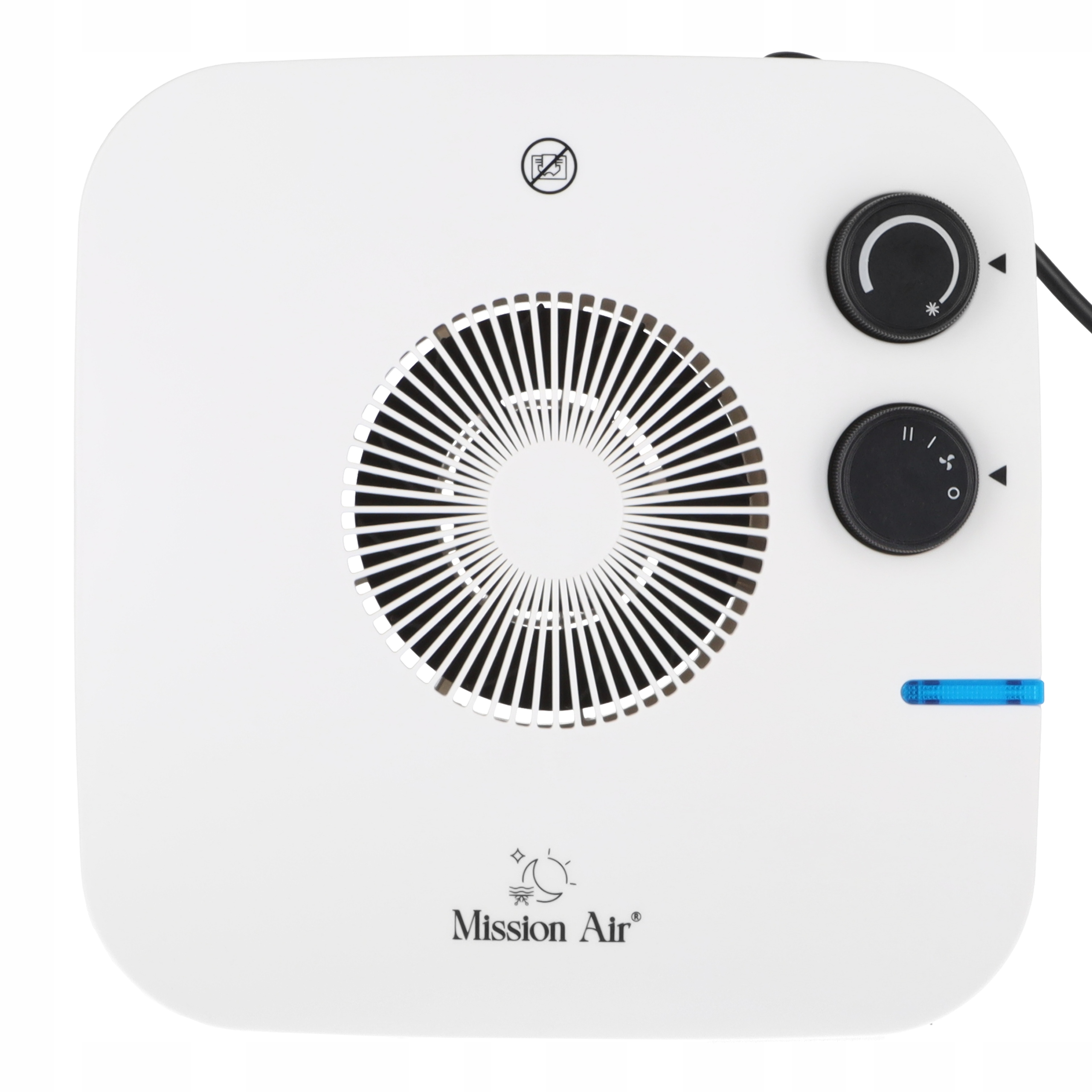 Biały oczyszczacz powietrza z wentylatorem, pokrętłami i niebieskim światłem. Logo Mission Air i symbol zakazu.