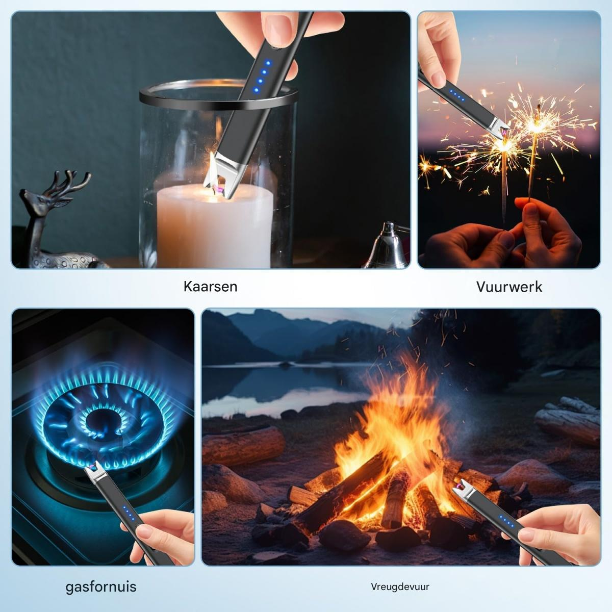 Ein elektrischer Feuerzeug zündet eine Kerze, Feuerwerk, einen Gasherd und ein Lagerfeuer an. Das Feuerzeug wird von Händen gehalten.