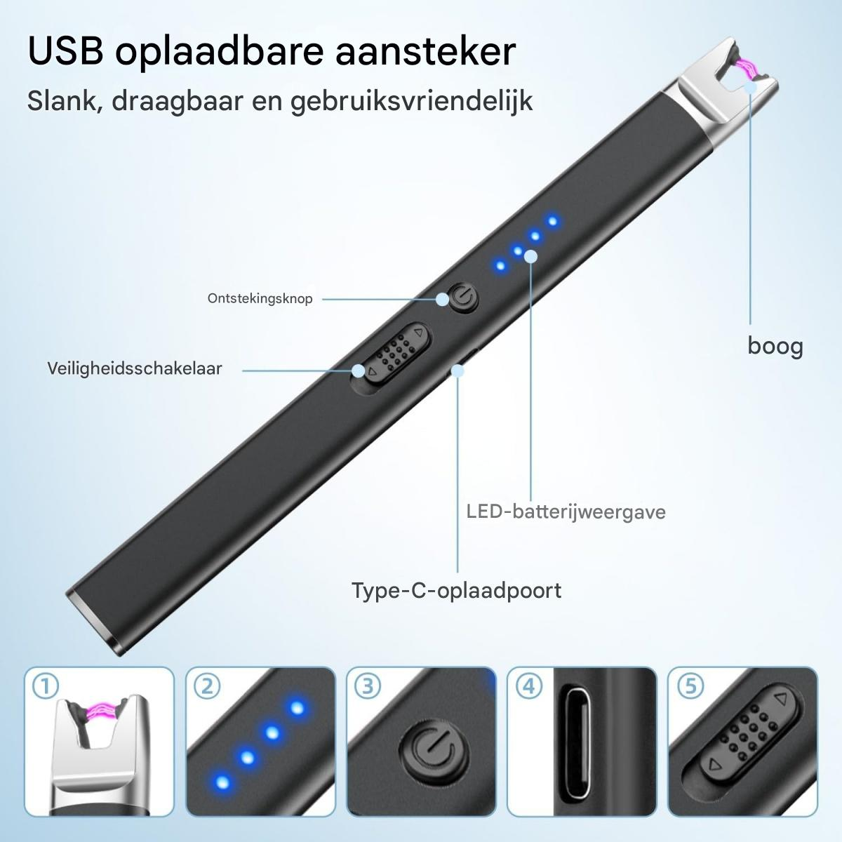 Ein schwarzes, schlankes, wiederaufladbares USB-Feuerzeug. Merkmale sind Zündknopf, Sicherheitsschalter, LED-Batterieanzeige und Typ-C-Anschluss.