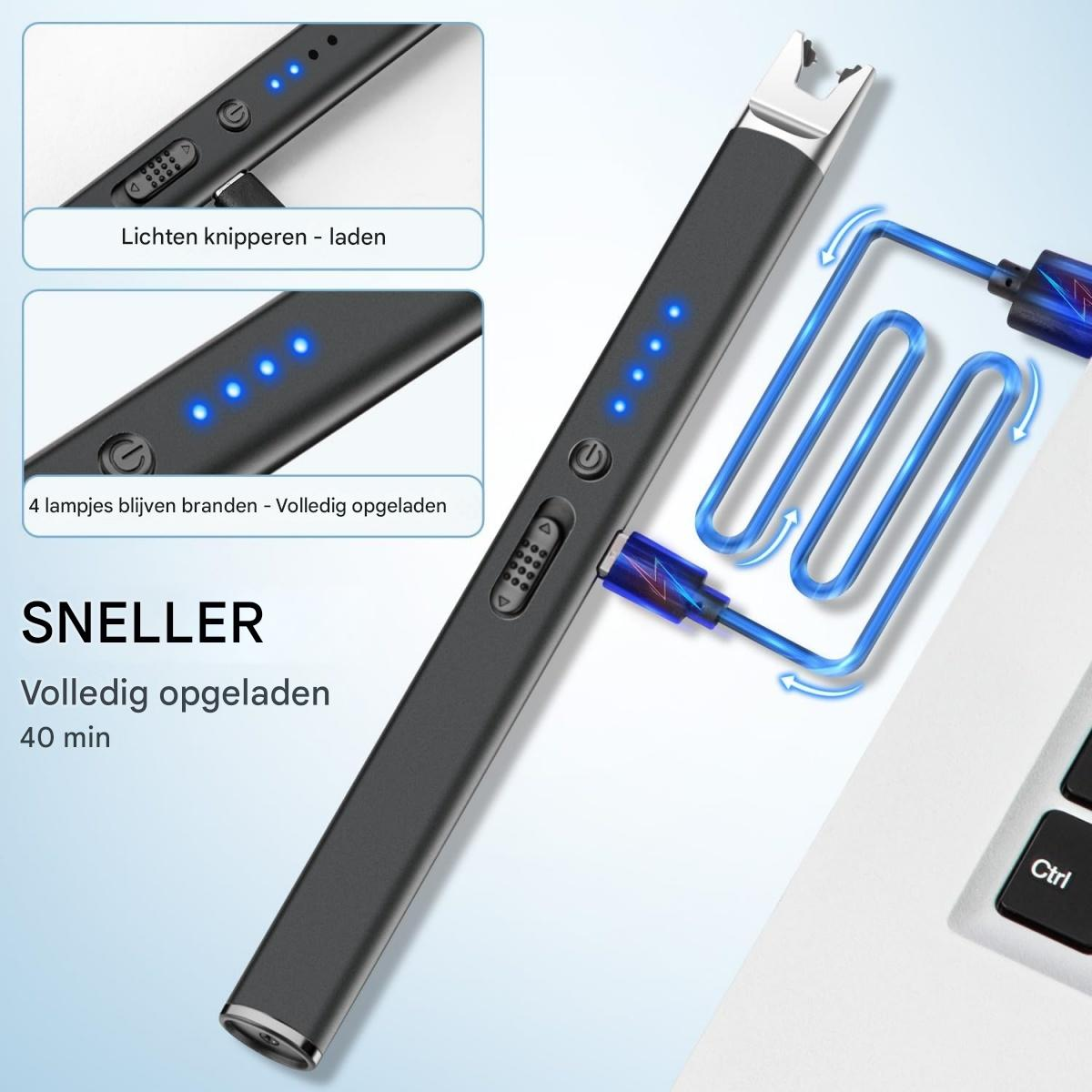 Ein schwarzes Feuerzeug mit blauen LED-Anzeigen wird gezeigt. Es ist mit einem Ladekabel verbunden. Text zeigt den Ladestatus und die Zeit an.