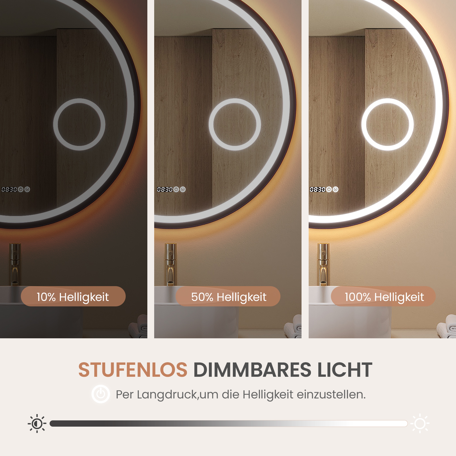 Das Bild zeigt einen dimmbaren Spiegel mit drei Helligkeitsstufen. Text zeigt Helligkeitseinstellungen: 10 %, 50 % und 100 %.