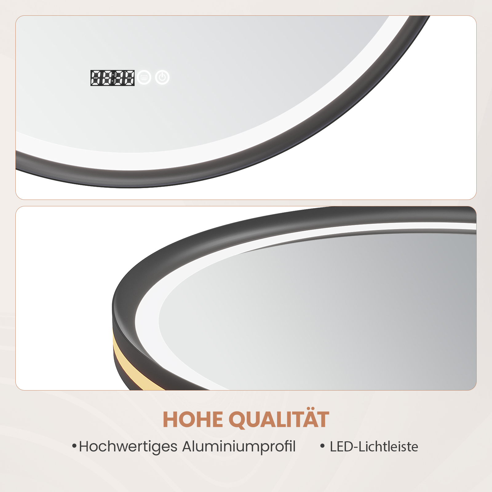 Nahaufnahme einer modernen Lampe mit Digitalanzeige, Ein-/Aus-Taste und schwarzem Rahmen. Text unten: 'Hohe Qualität'.