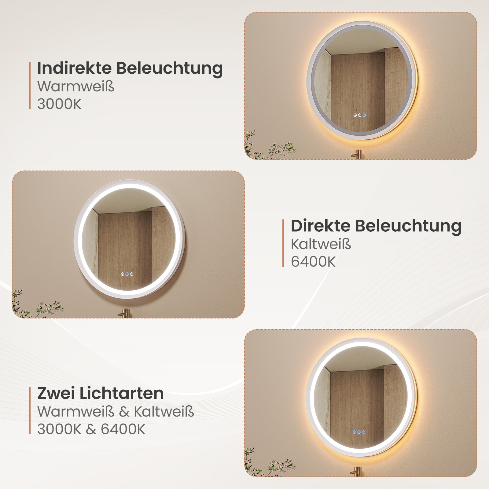 Das Bild zeigt drei runde Spiegel mit Lichtern. Jeder hat eine andere Lichttemperatur. Text-Overlays zeigen die Lichtart an.