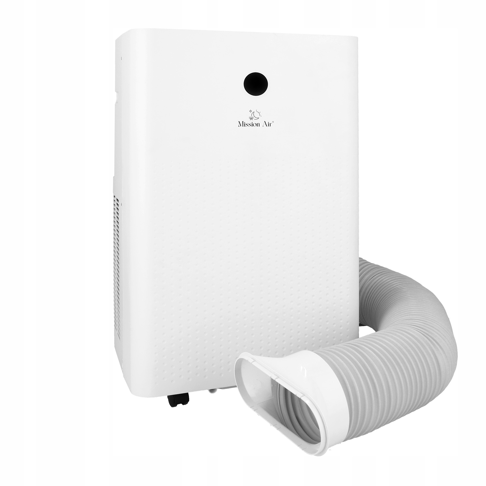 Biały przenośny klimatyzator Mission Air ma elastyczny szary wąż wylotowy. Na urządzeniu znajduje się czarne koło.