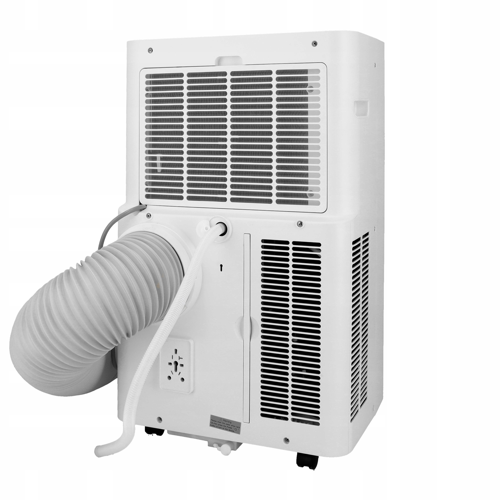 Biały przenośny klimatyzator. Z tyłu ma otwór wentylacyjny i wąż wydechowy. Posiada gniazdo zasilania.