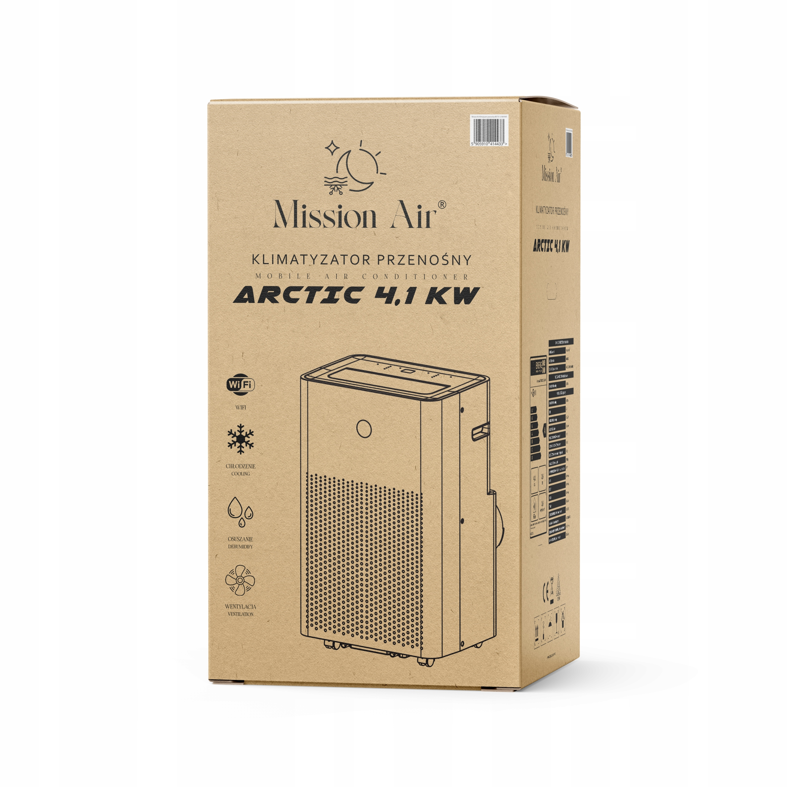 Karton z przenośnym klimatyzatorem 'Mission Air'. Posiada model 'Arctic 4.1 KW' i ikony.