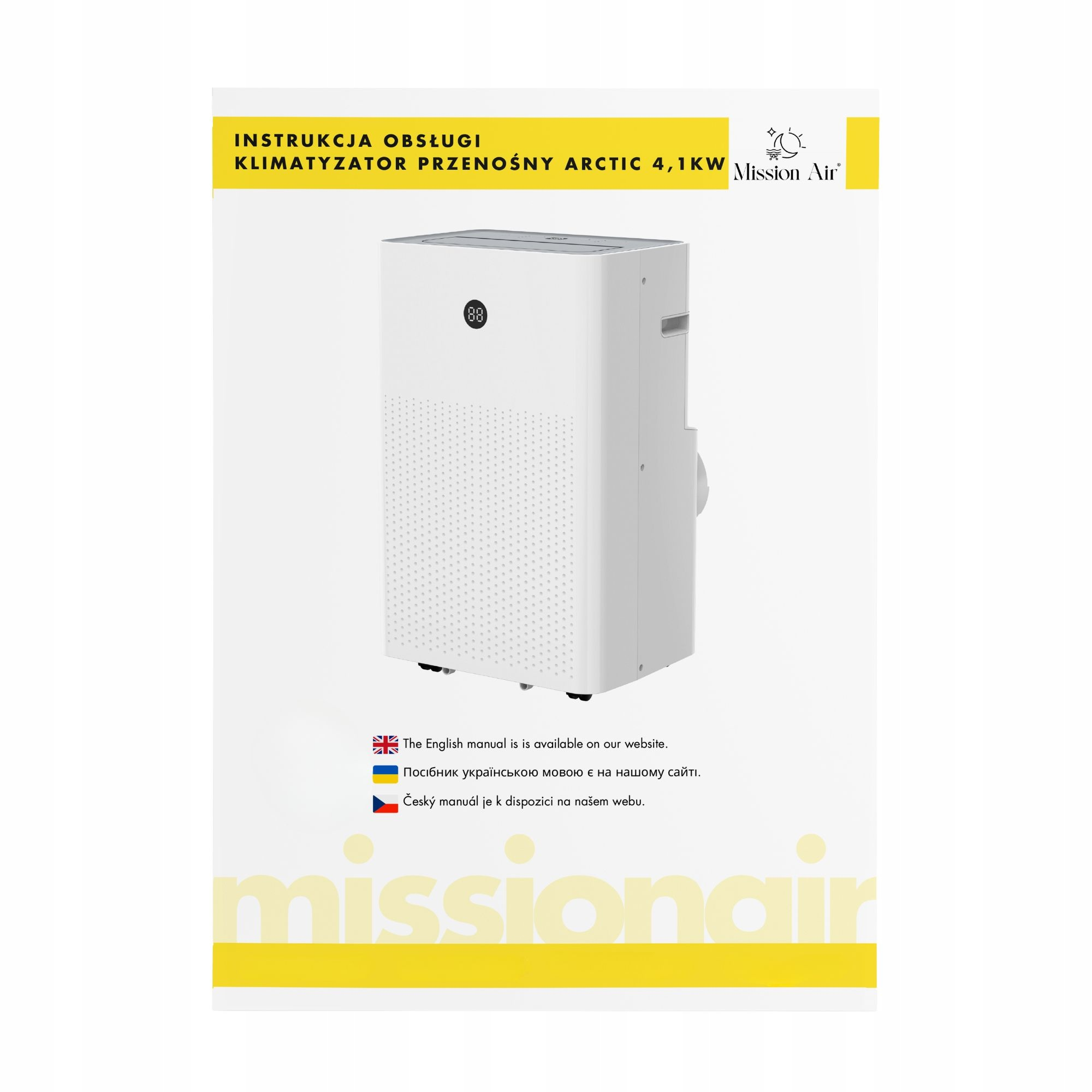 Biały klimatyzator z wyświetlaczem cyfrowym, tekst po polsku, instrukcja po angielsku dostępna. Logo Mission Air.