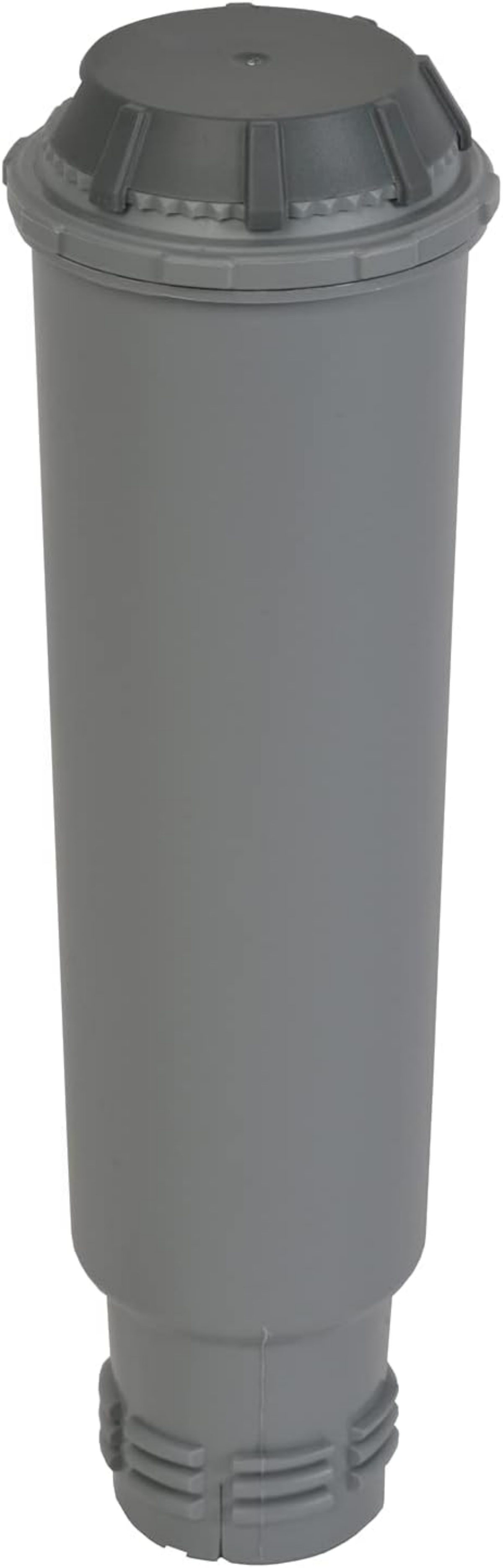 Eine graue Wasserfilterpatrone. Sie hat eine runde Ober- und Unterseite mit einem zylindrischen Körper.