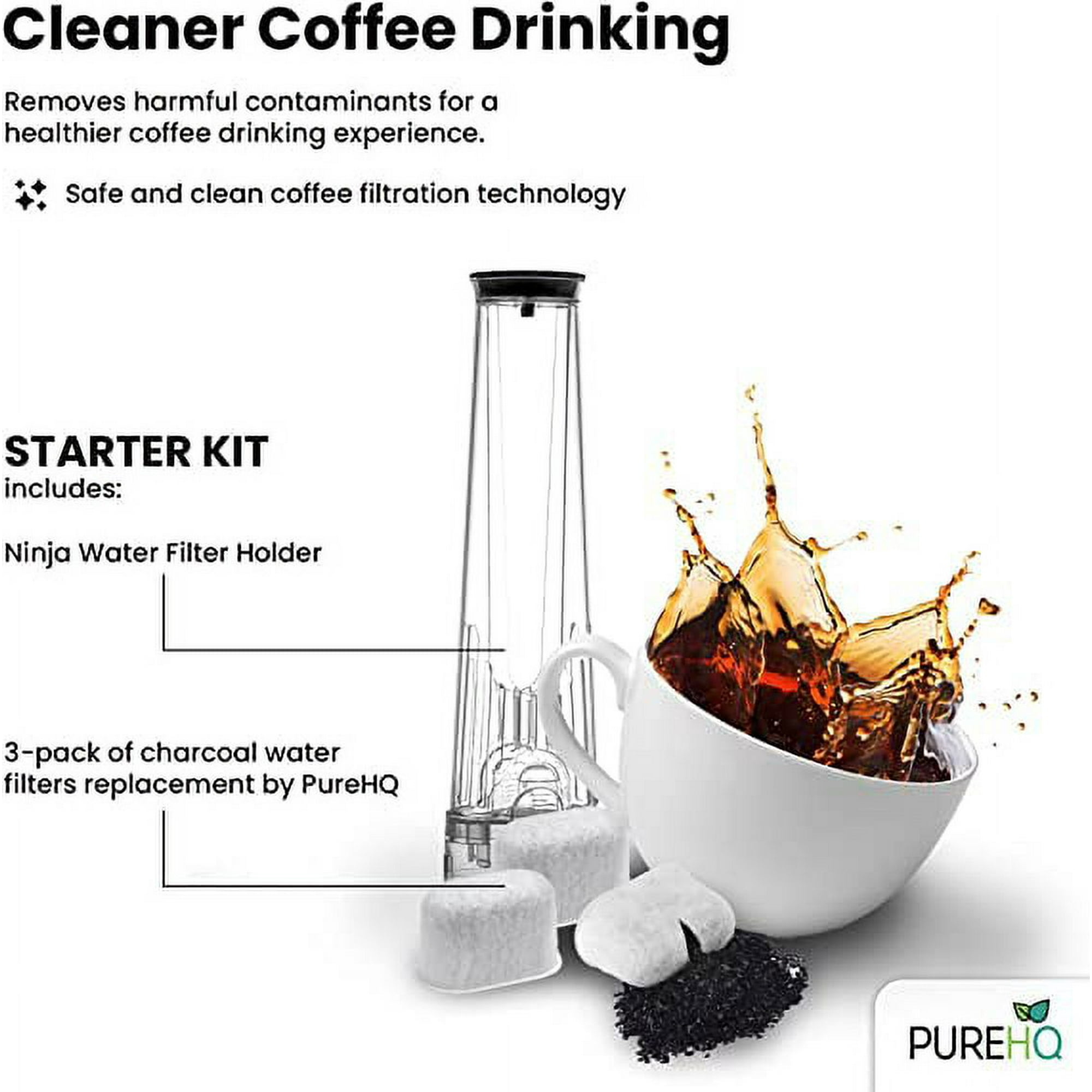 Das Bild zeigt eine Kaffeetasse mit Spritzern, ein Filtersystem und Aktivkohlefilter. Der Text lautet 'Cleaner Coffee Drinking'.