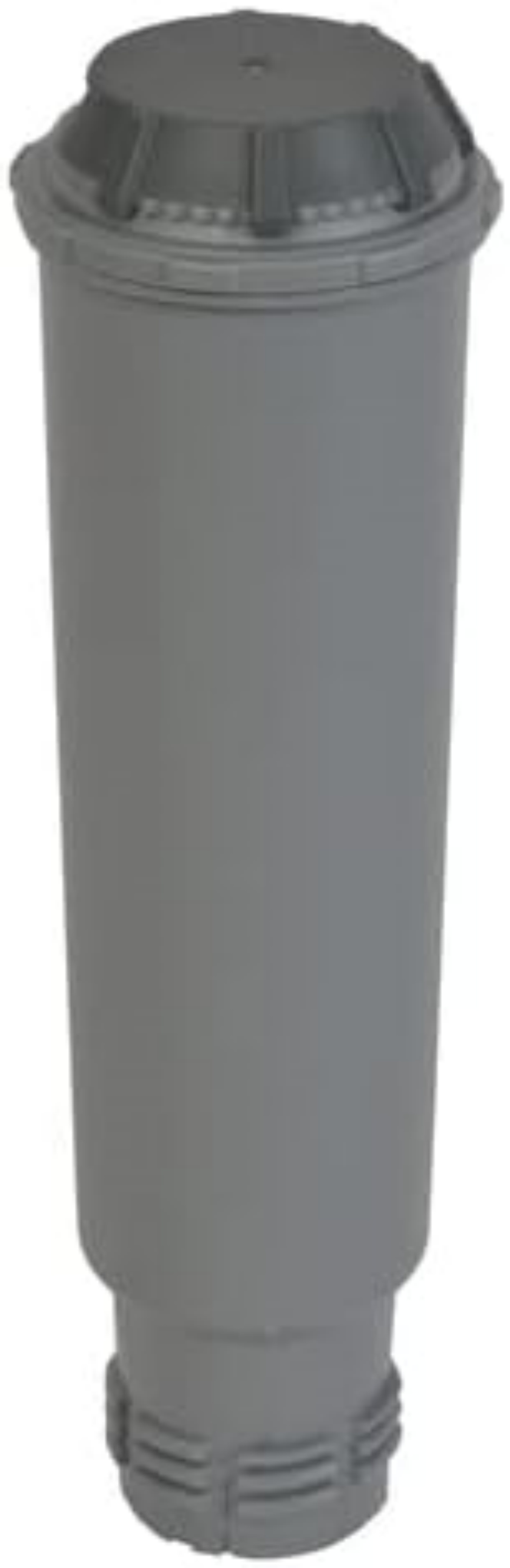 Ein grauer Wasserfilter. Er hat eine runde Oberseite und einen zylindrischen Körper mit strukturiertem Boden.