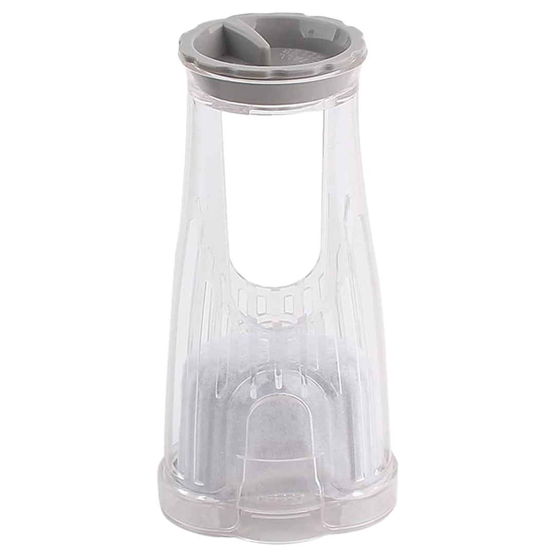 Ein klarer Wasserfilter aus Kunststoff mit grauem Deckel. Der Filter hat einen grauen Bereich unten und einen grauen Rand.