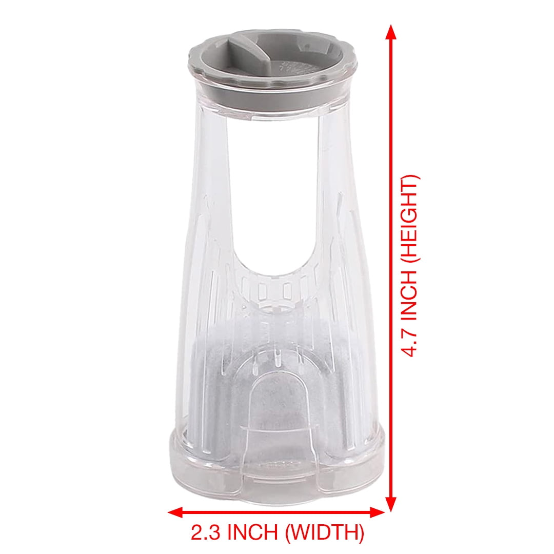 Klarer Wasserfilter aus Kunststoff mit grauem Deckel und Boden. Abmessungen: 4,7 Zoll hoch, 2,3 Zoll breit.