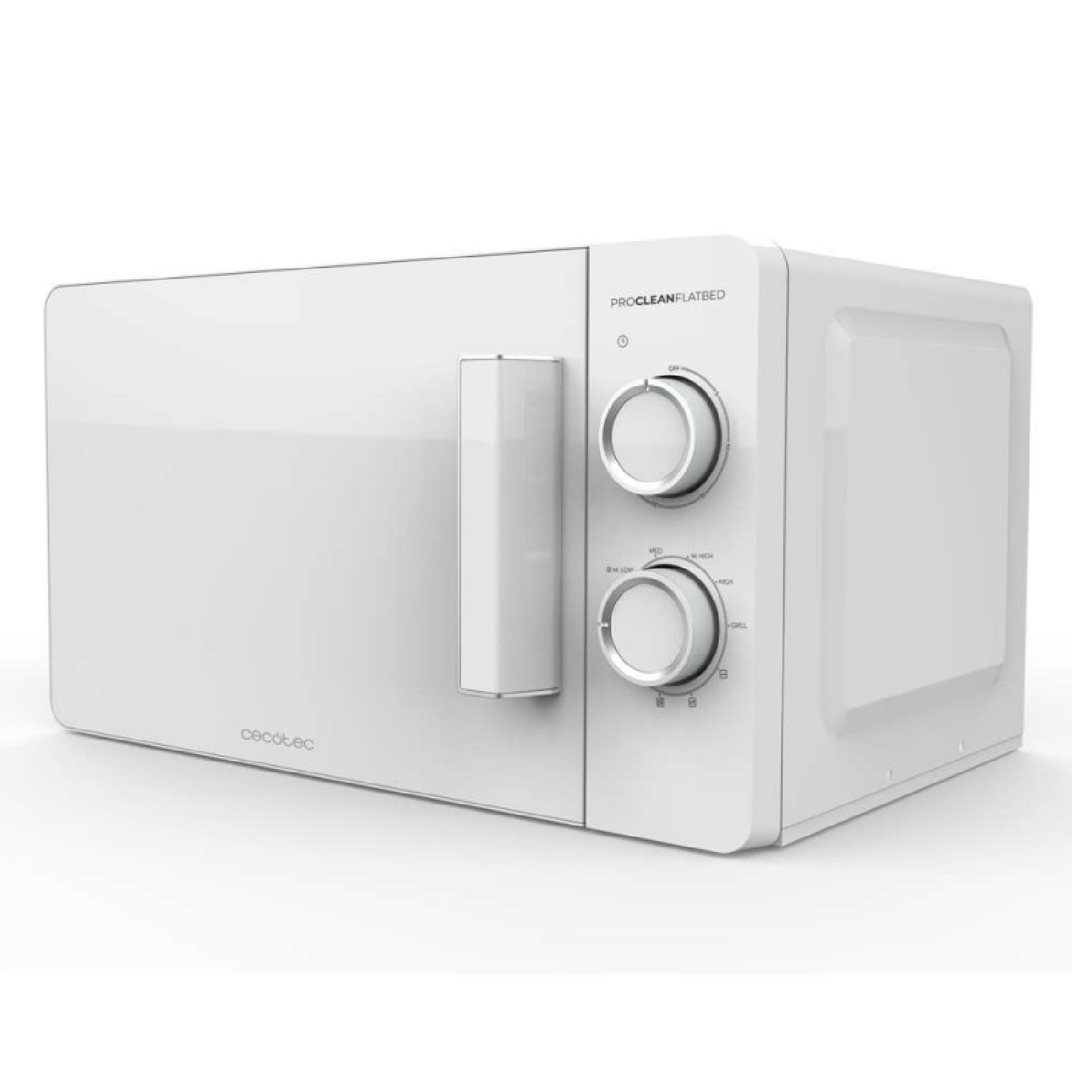 Un forno a microonde bianco con maniglia e manopole di controllo, con marchio 'Cecotec'. È un modello ProClean Flatbed.