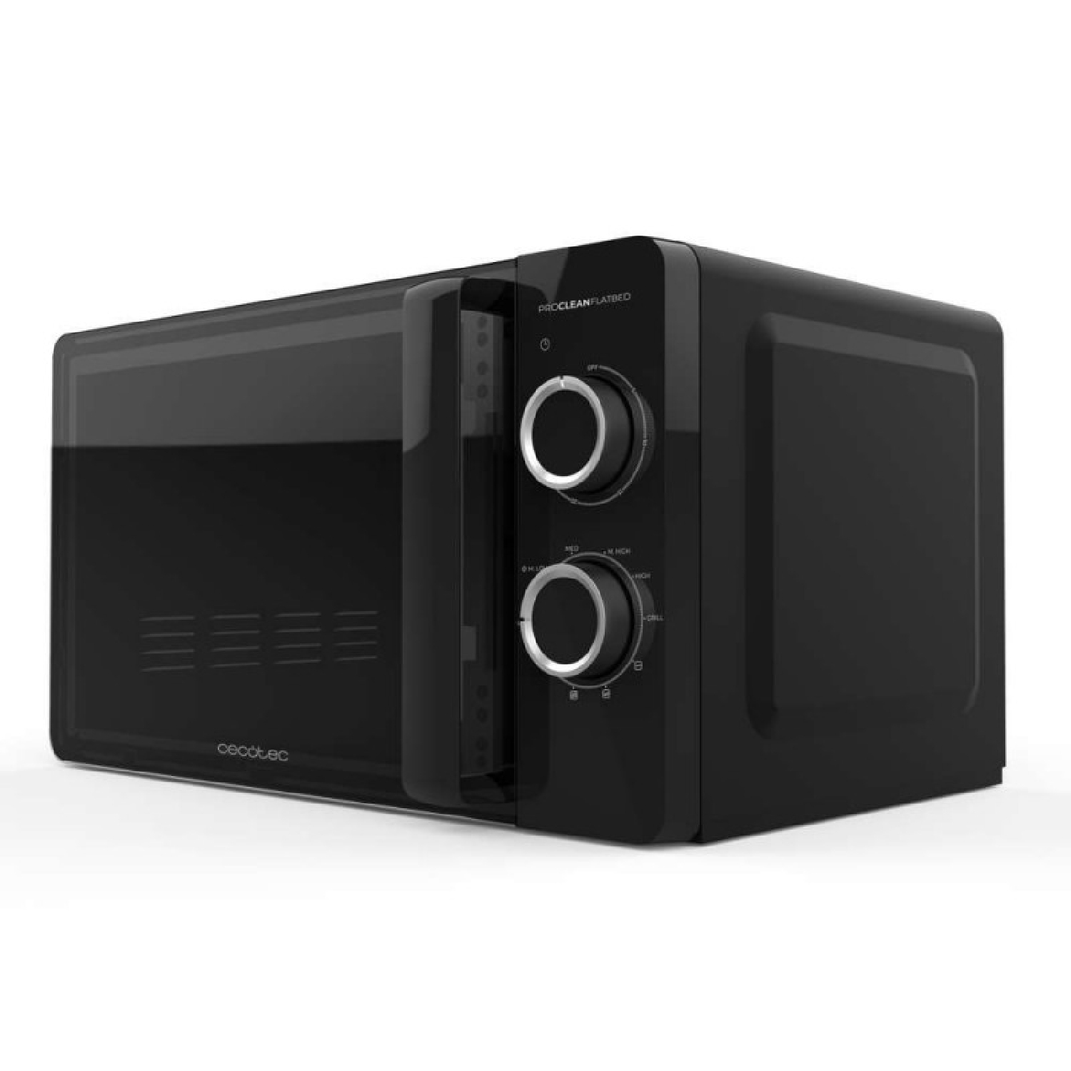 Un forno a microonde Cecotec nero su una superficie bianca. Ha una maniglia, manopole e una porta a vetro. Il marchio è visibile.