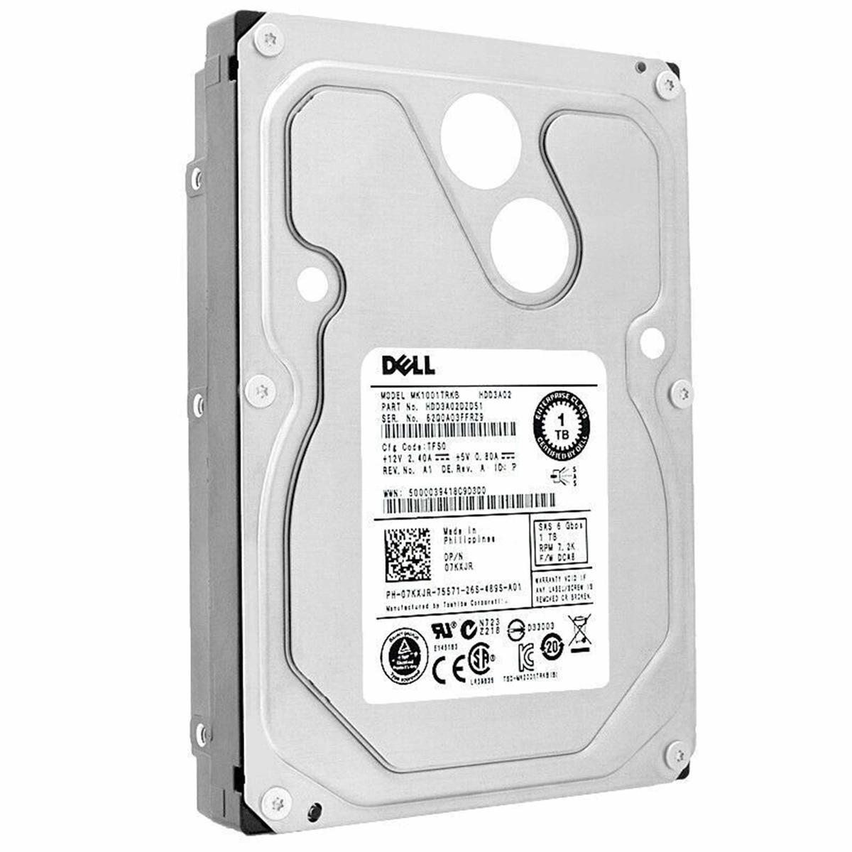 Un disco rigido Dell con etichette che mostrano modello, numero di parte e specifiche. Ha una capacità di 1 TB.