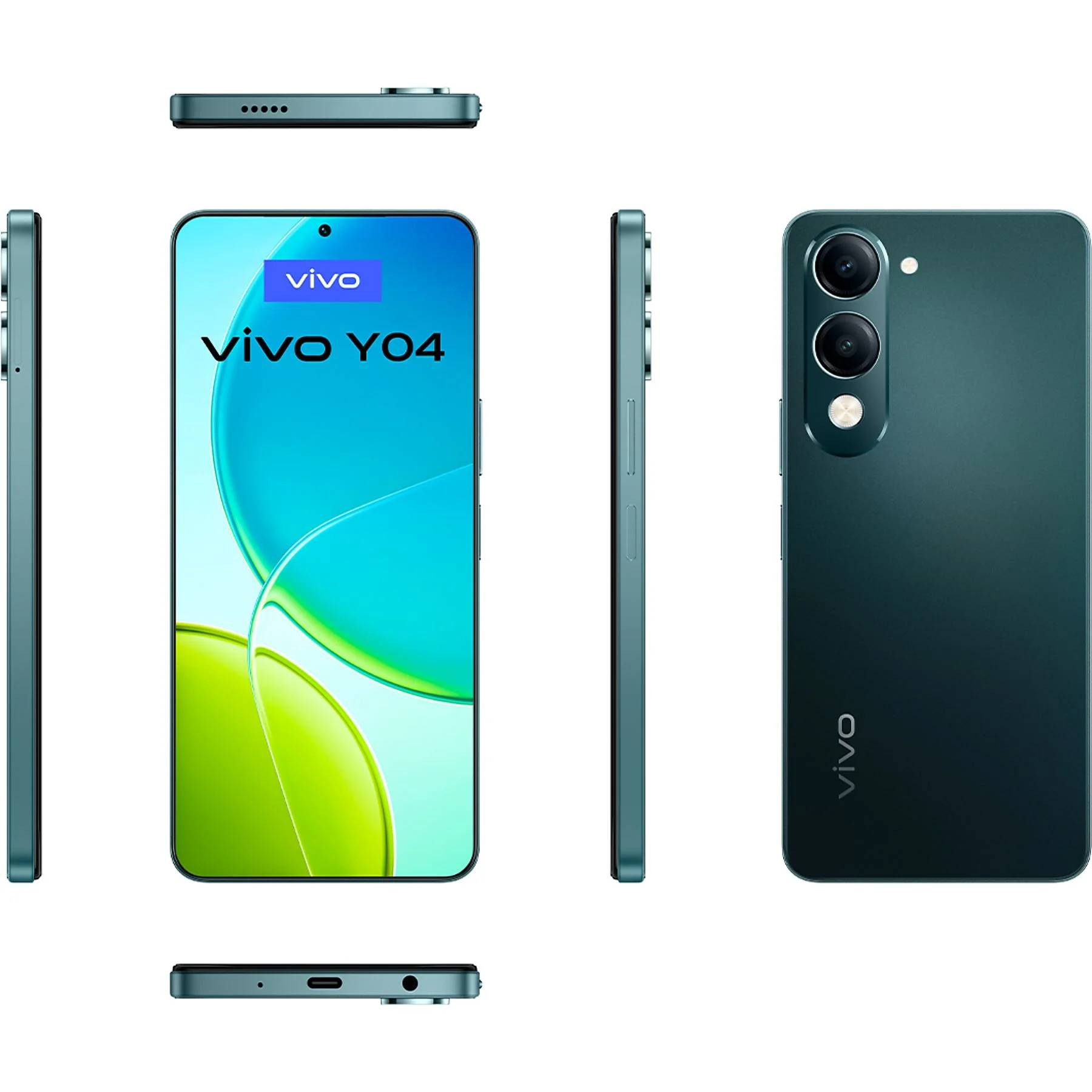 Bir turkuaz Vivo Y04 akıllı telefon, çeşitli açılardan gösteriliyor. Turkuaz ve yeşil bir tasarım sergileyen bir ekranı var.