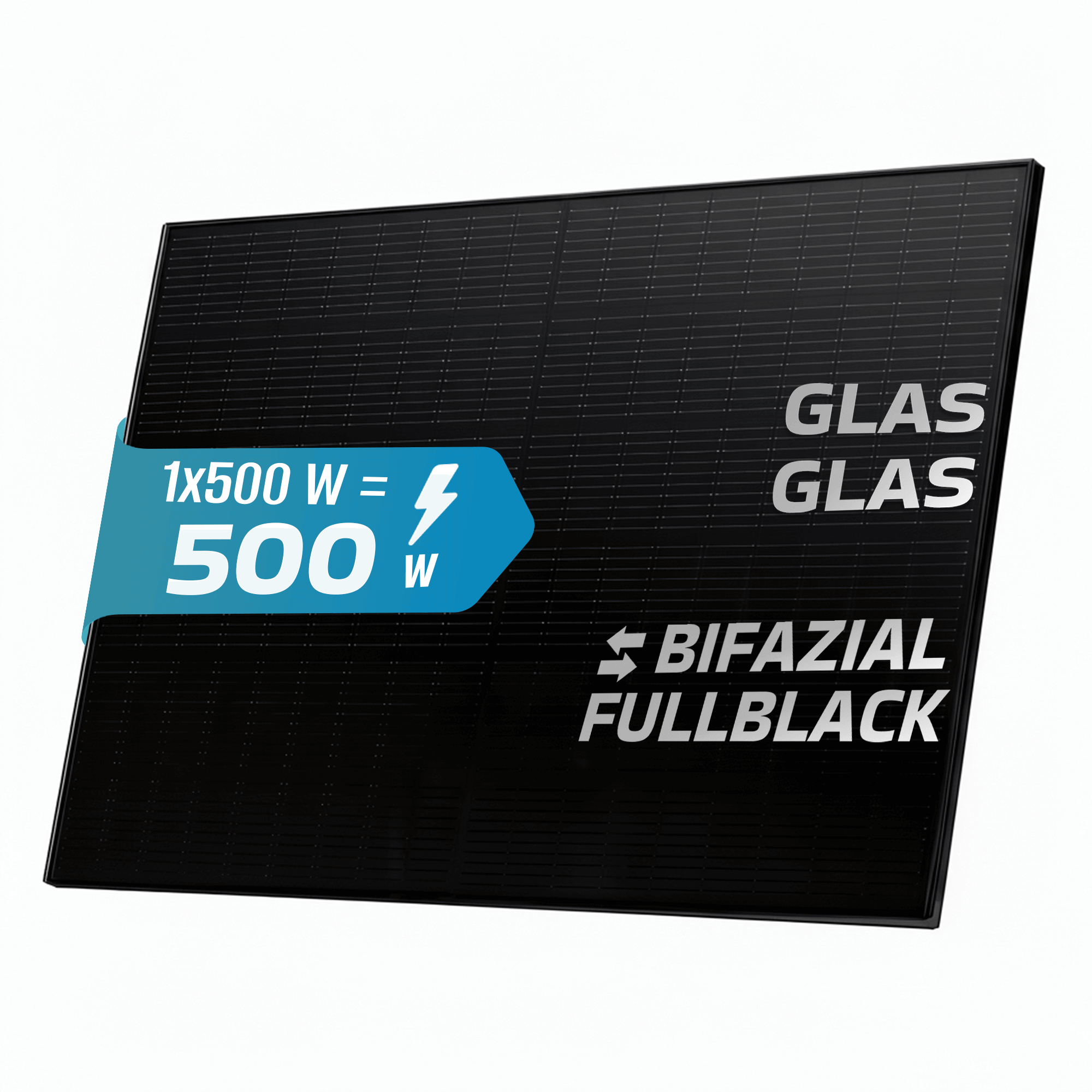 Schwarzes Solarpanel mit weißem Text, darunter 'GLAS', 'BIFZIAL' und Leistungsdetails in einem blauen Banner.