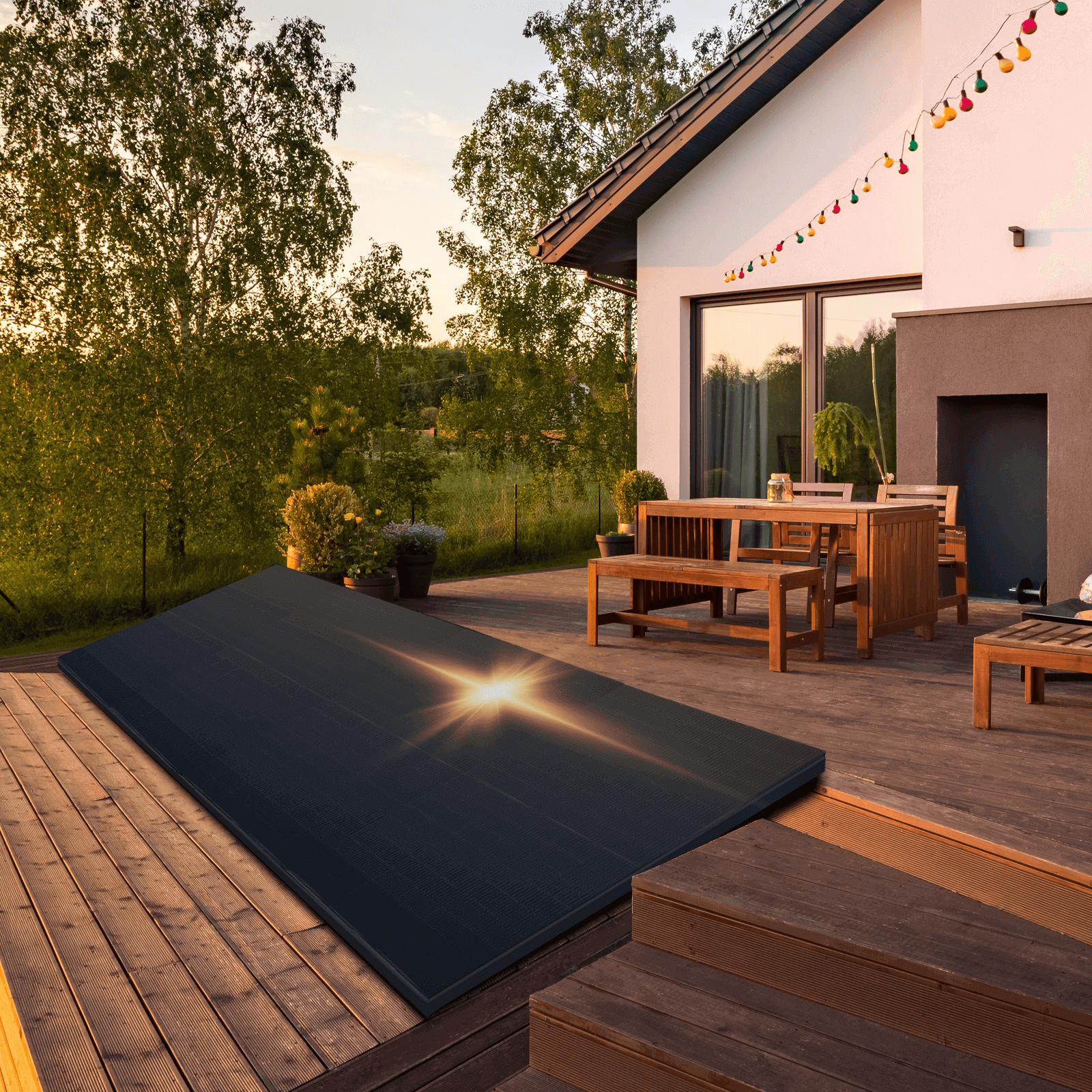 Eine Terrasse mit einer schwarzen Platte, die Sonnenlicht reflektiert. Im Hintergrund ein Haus mit Holztisch und Bänken.
