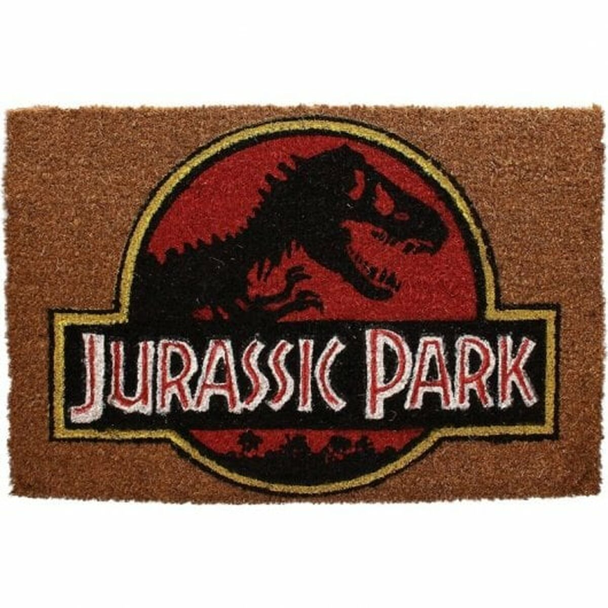 Eine Fußmatte mit dem Jurassic Park-Logo. Sie zeigt einen roten Kreis mit einer schwarzen Dinosaurier-Silhouette und den Worten 'JURASSIC PARK'.