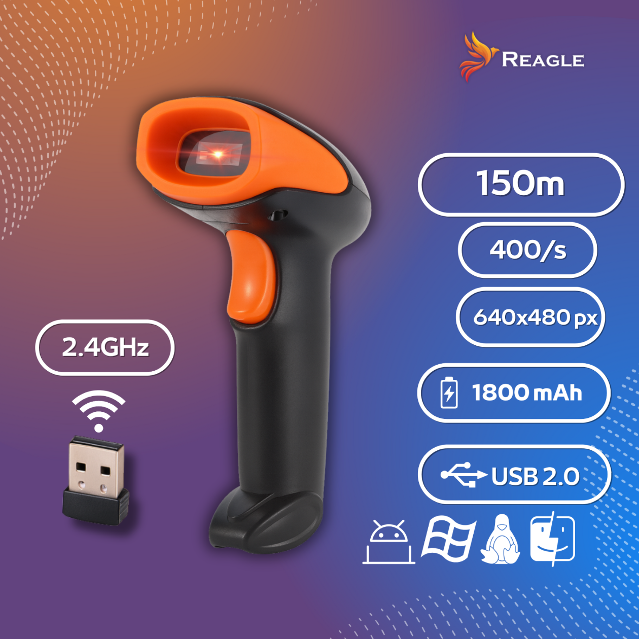 Uno scanner di codici a barre arancione e nero con ricevitore USB. Ha una portata di 150 m, batteria da 1800 mAh e connettività a 2,4 GHz.