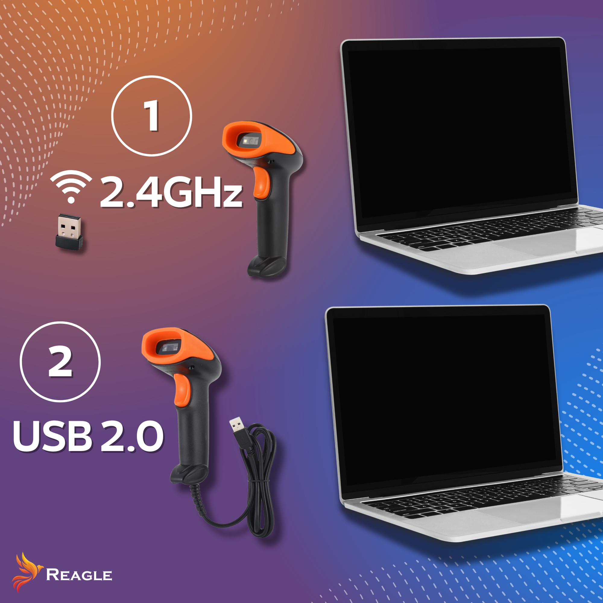 L'immagine mostra due scanner di codici a barre con laptop. Uno è 2.4GHz, l'altro USB 2.0. Logo Reagle in basso.