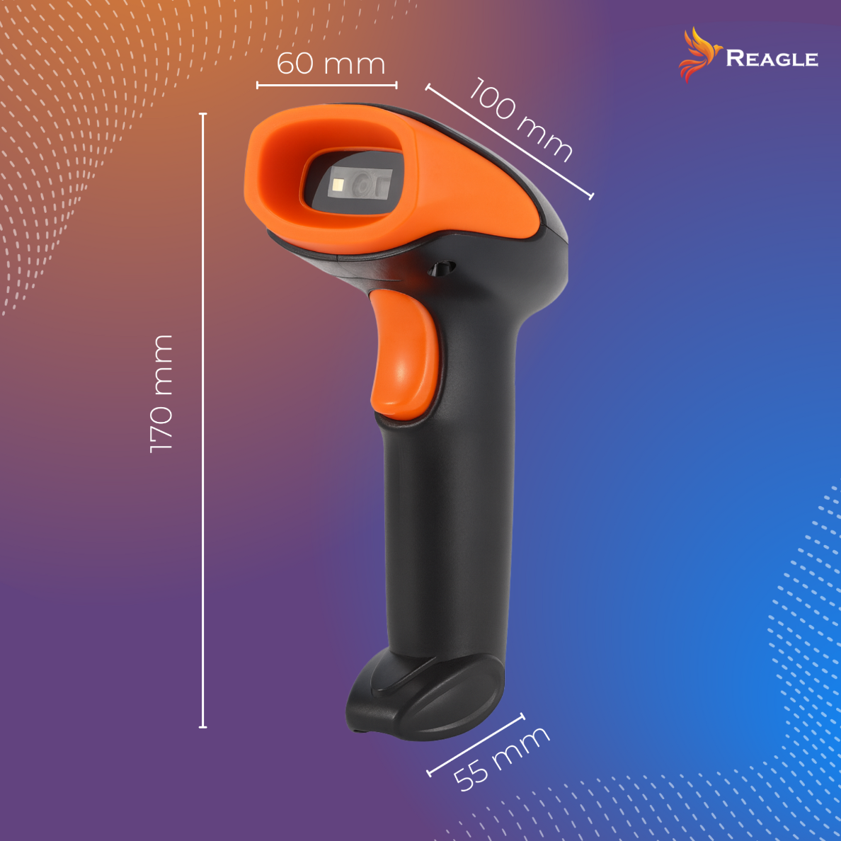 Uno scanner di codici a barre arancione e nero con dimensioni etichettate. Il logo Reagle è in alto a destra.