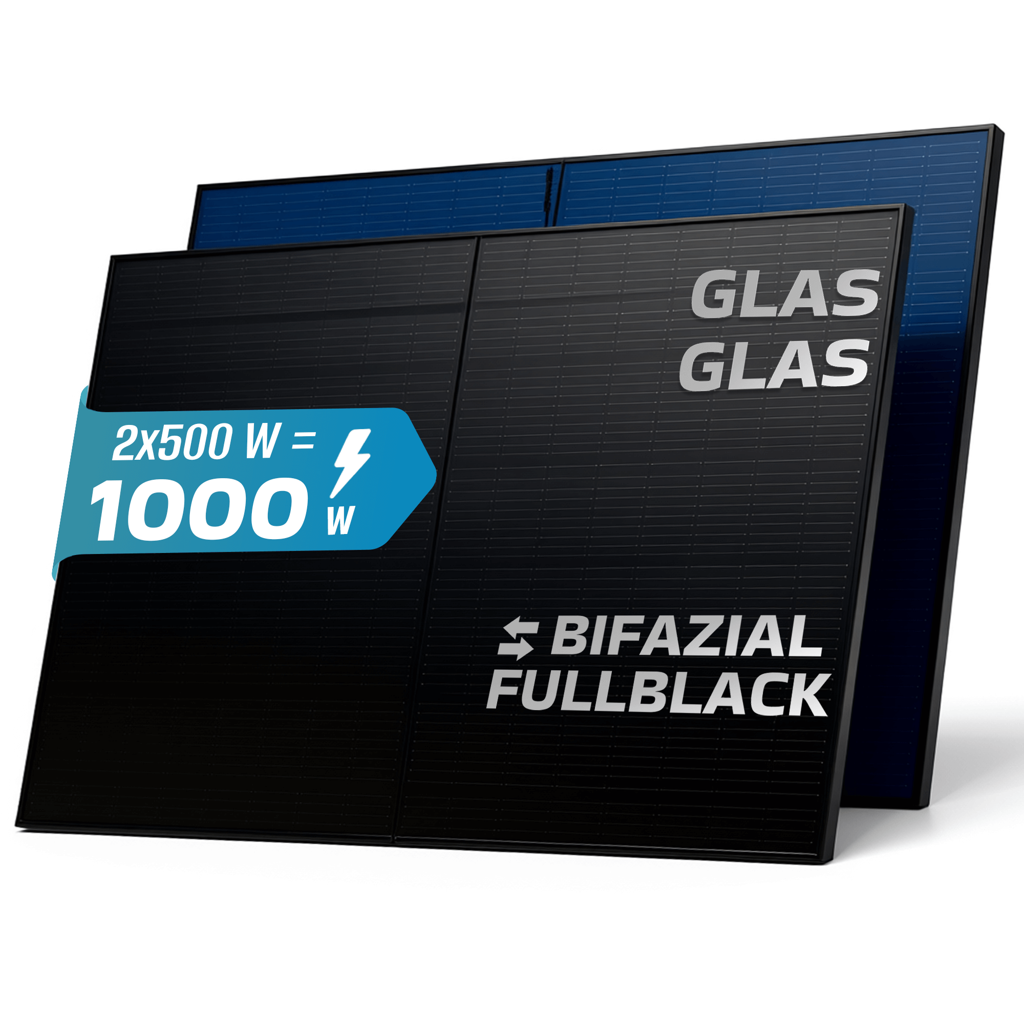 Zwei schwarze Solarmodule, eines vor dem anderen. Text enthält 'GLAS', 'BIFAZIAL' und Leistung.