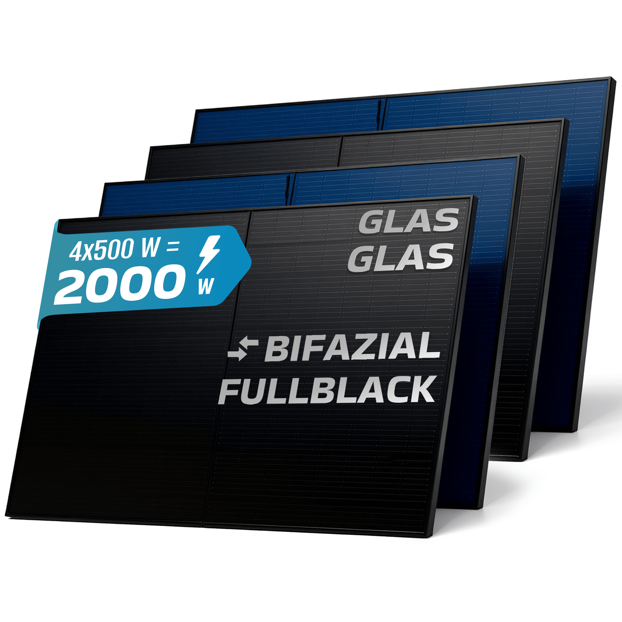 Vier schwarze Solarmodule mit blauen Zellen. Text enthält 'BIFACIAL FULLBLACK', 'GLAS GLAS' und Leistungsinformationen.