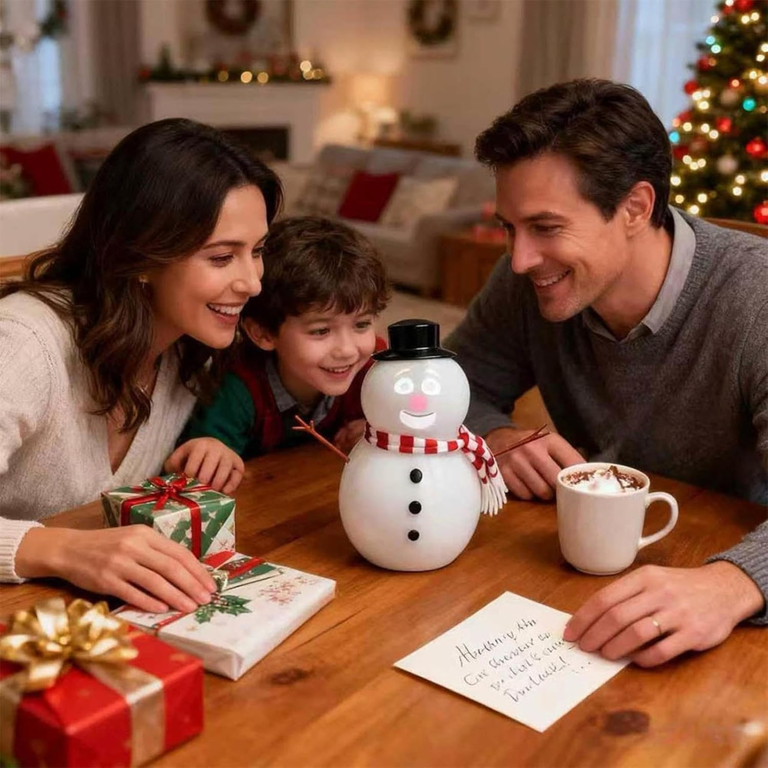 Eine Familie lächelt einen Schneemann auf einem Tisch mit Geschenken und einer Tasse an. Ein Weihnachtsbaum leuchtet im Hintergrund.
