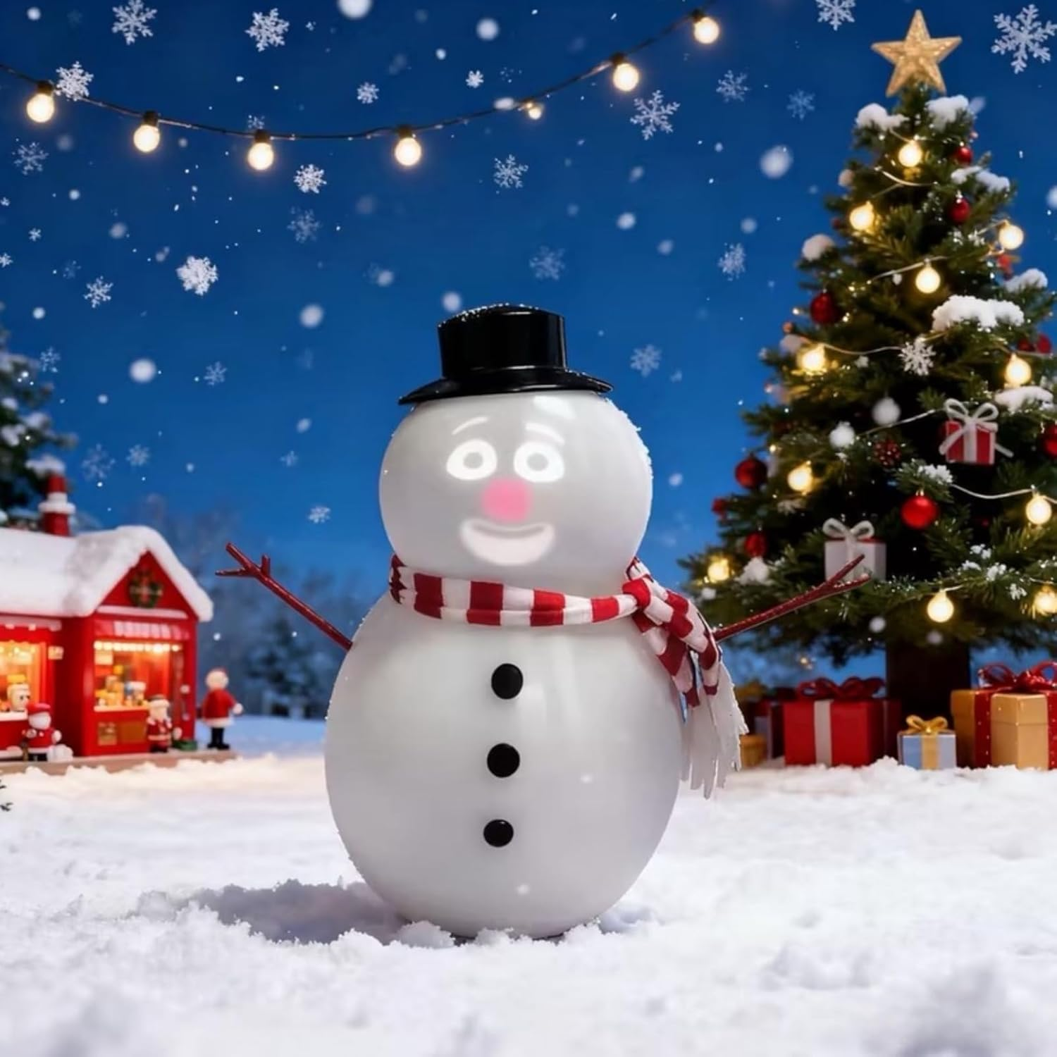Ein Schneemann mit Hut und Schal steht im Schnee. Ein Weihnachtsbaum und ein rotes Gebäude sind im Hintergrund. Schneeflocken fallen.