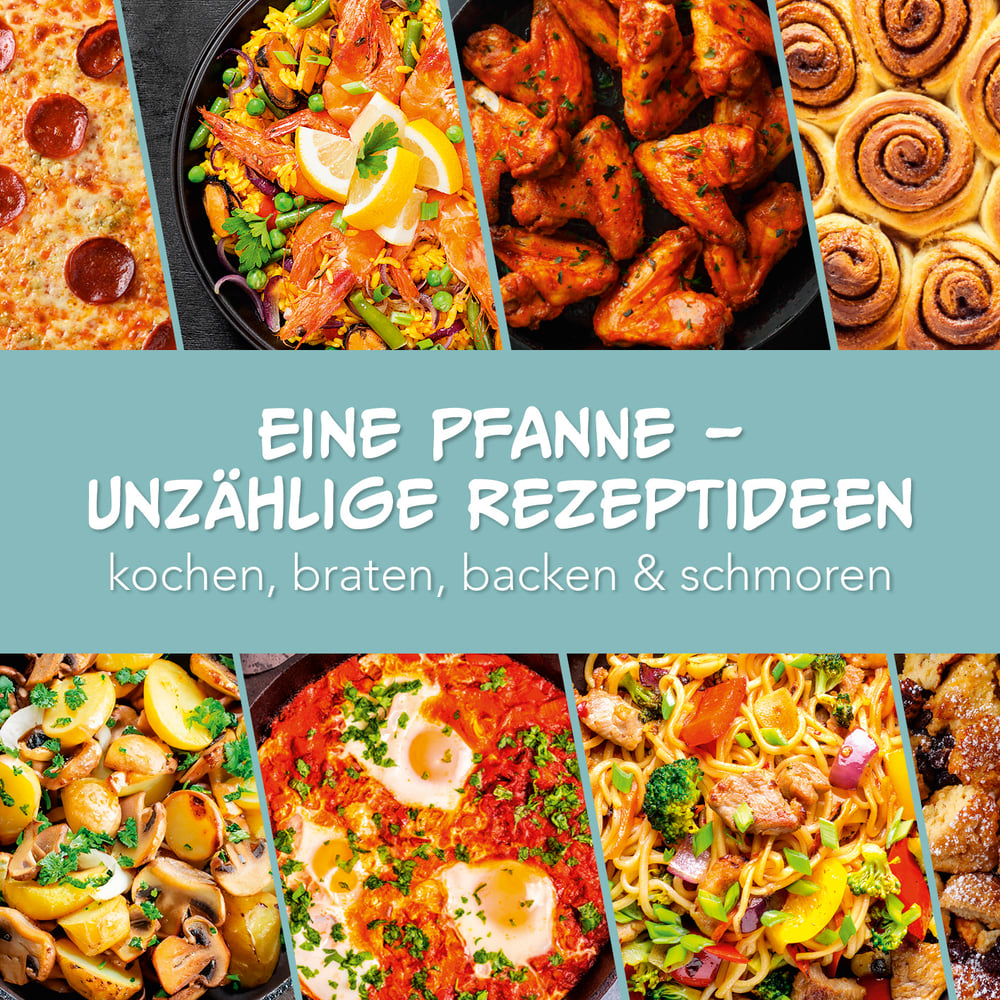 Eine Collage aus gekochten Gerichten, Pizza, Paella, Chicken Wings, Zimtschnecken, Kartoffeln, Eiern mit Tomatensauce, Nudeln und anderen Gerichten.