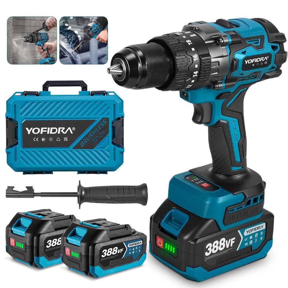 Ein teal- und schwarzes kabelloses Bohrerset mit zwei Batterien, einem Koffer und Bohrerbits. Die Marke ist YOFIDRA.